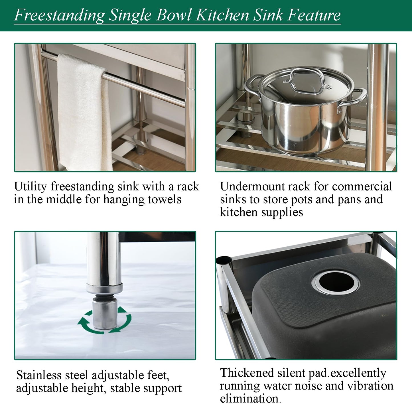 Bokaiya Stainless Steel Utility Sink, Free Standing Small Stainless Steel Sink with Faucet Laundry Room Sink 16 Gauge Single Bowl Outdoor Commercial Garage Sink (19"D x 23"W x 38"H)