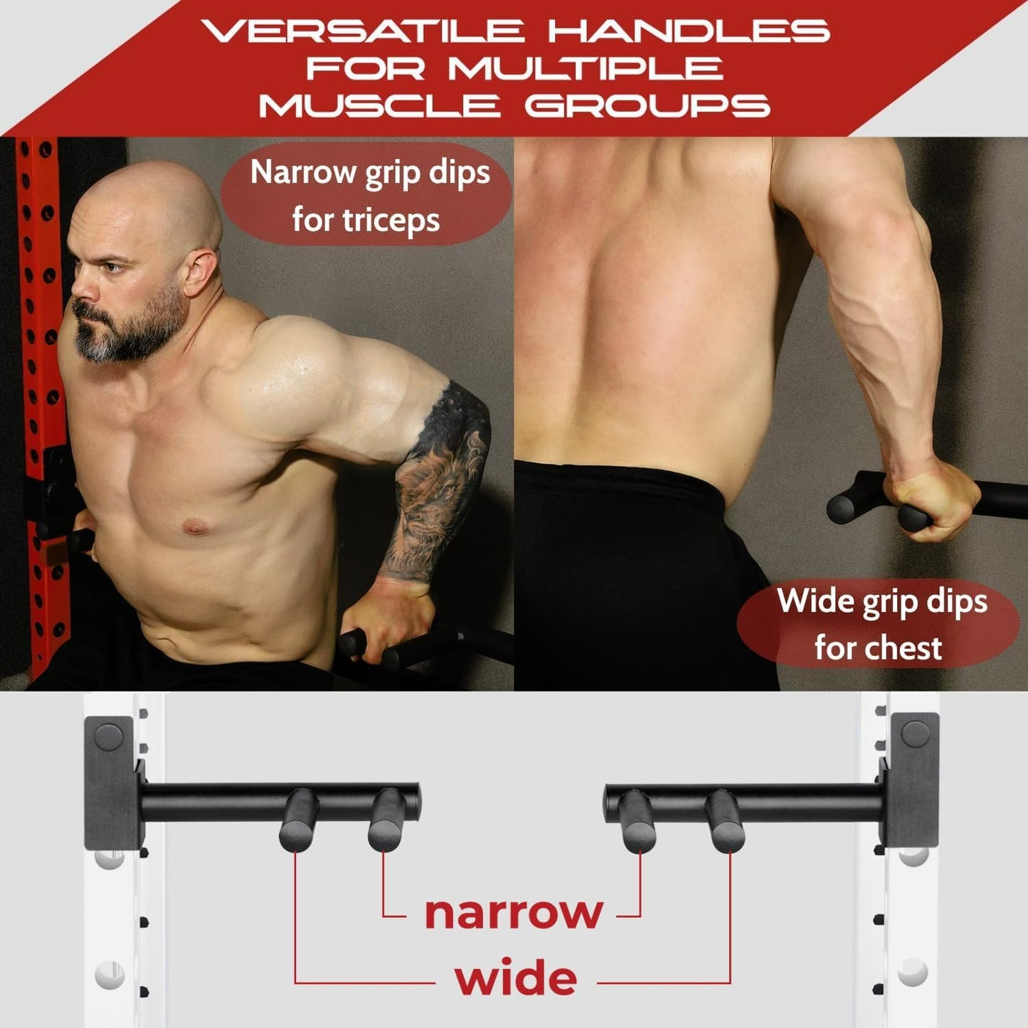 Yes4All 350 LBS Capacity - Dip Bars for 2x2 with 1" Hole Power Cage, Squat Rack Attachments - Narrow and Wide Grip Handles Dip Attachment for Dips, Pull Up, Push-up