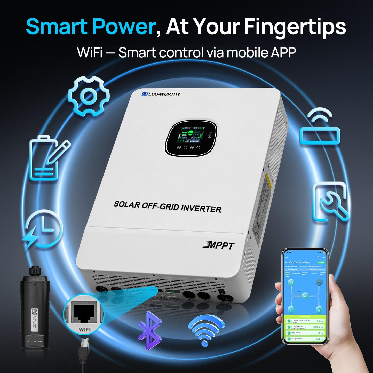 ECO-WORTHY 10000W DC 48V UL1741 Solar Inverter with WiFi,AC Output 120V/240V,Support Parallel,Built-in 2 MPPT Solar Controllers,Max 200A Battery Charging,Parallel Up to 6 Units 48V Inverter Charger