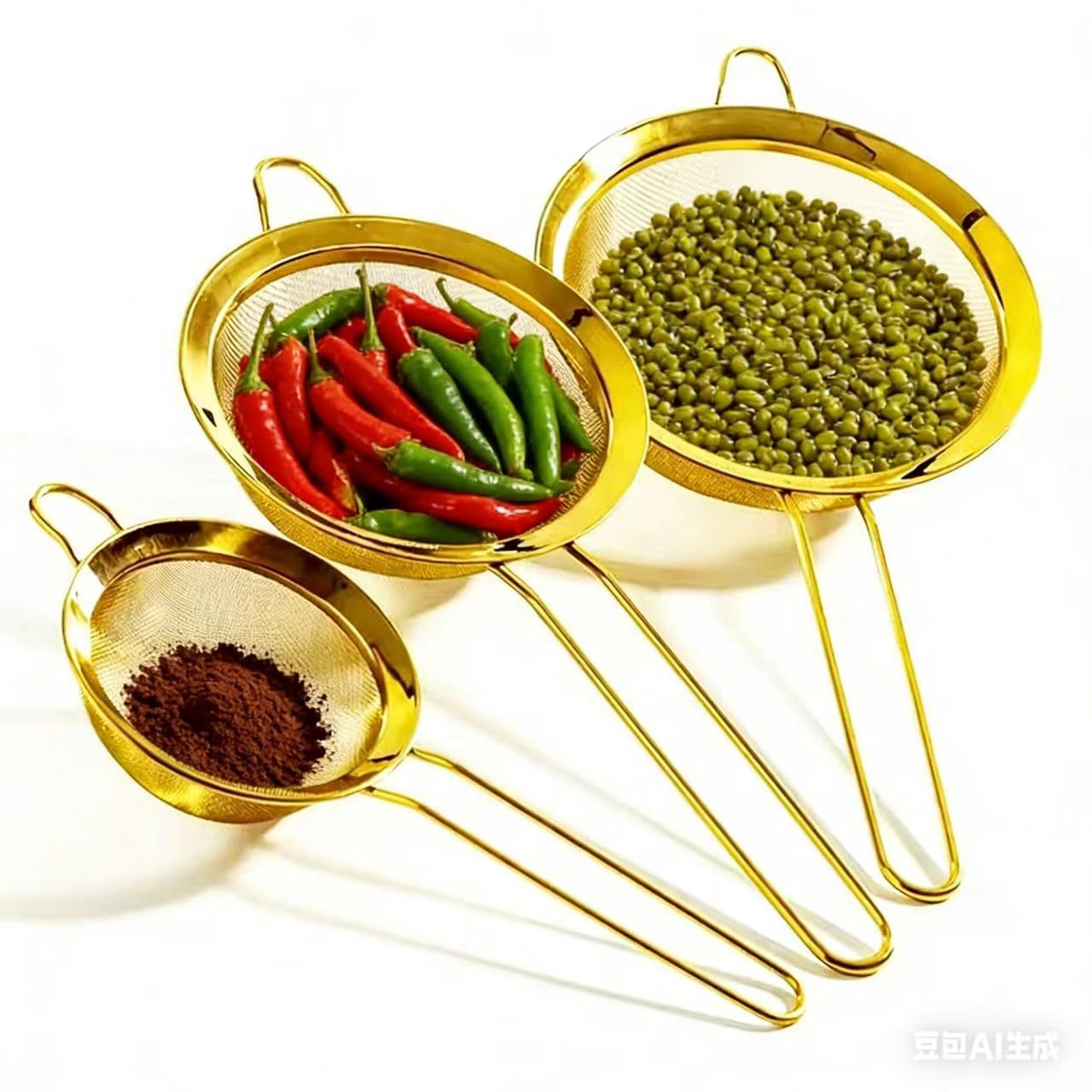 Aunewmei Three-piece Suit Baking SiftersWire ExtraMesh Strainer with Handle Oversized Extended Handle Stainless Steel Sieve Fine Mesh Strainers for Kitchen Rice Juice Quinoa Food Flour Baking(Golden)