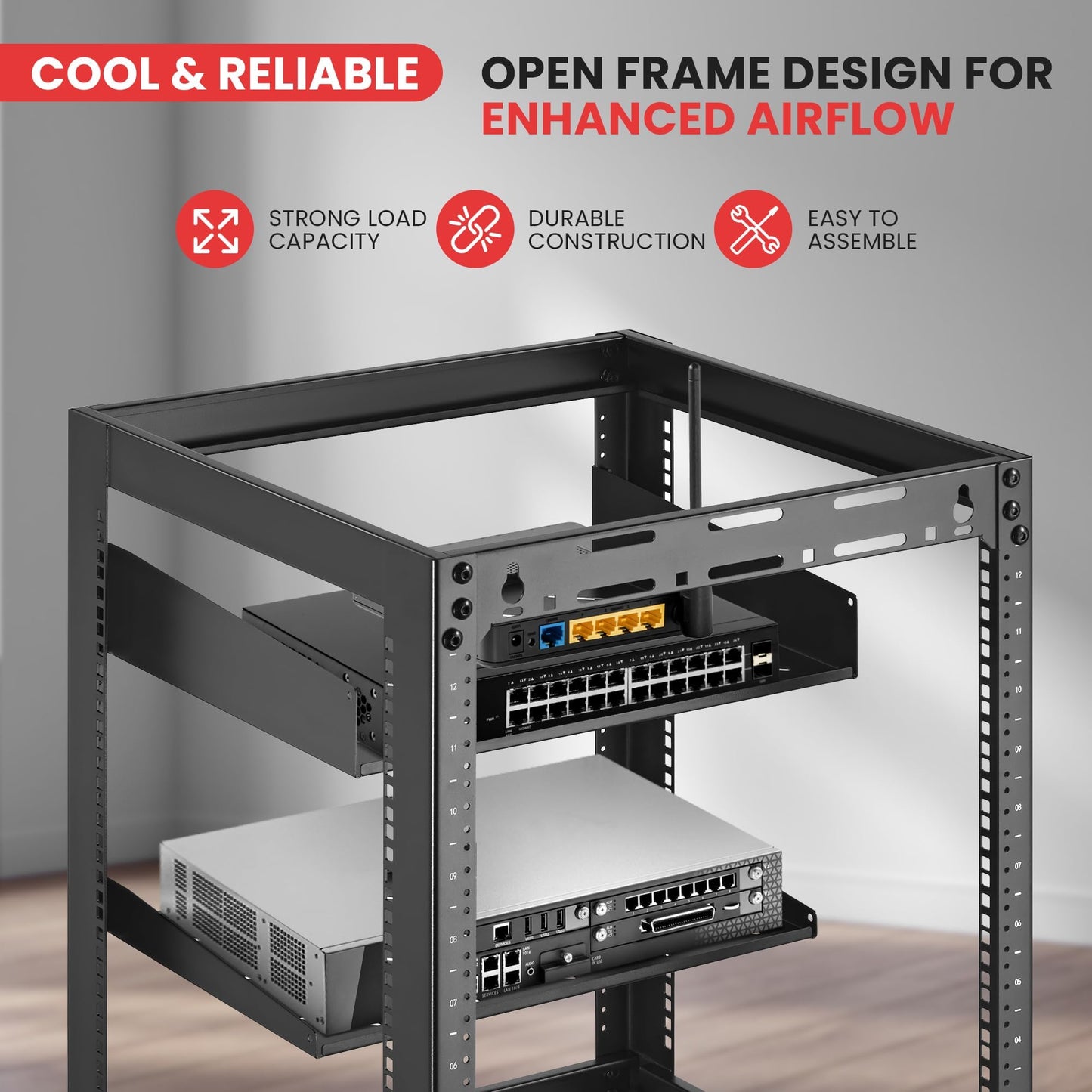 Pyle 15U Network Cabinet - Open Wall Mount Server Rack w/Heavy-Duty Wheels, Wall-Mountable, Steel Construction, Vented Shelves, Easy Access, 19" Equipment Compatible, 20 x 20 x 26 in (Black)