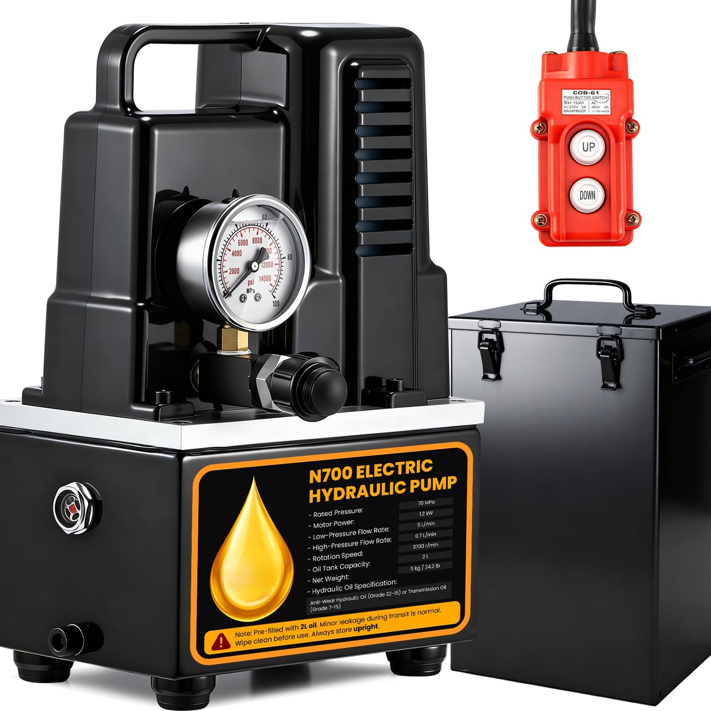 NEWTRY 1.2KW Electric Hydraulic Pump Power Pack Unit 2 Stage Single Acting Hydraulic Pump 2L Oil Capacity 110volt for Punching, Bending, Jack 10,000psi One Way Mini