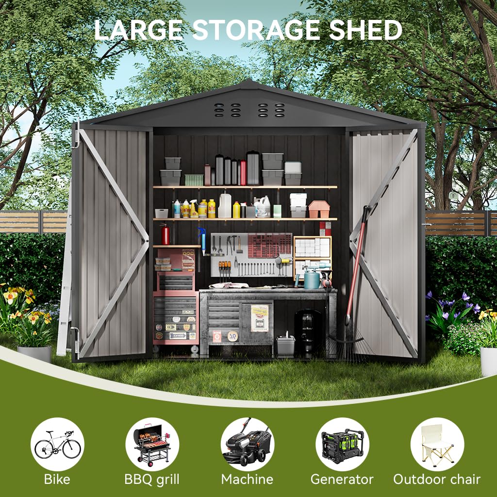 COMHOMA Shed Outdoor Storage Shed Metal,Lockable Doors Tool Sheds with Sloping Roof,Steel Garden Shed with Air Vent for Backyard,Patio,Lawn,Poolside(Grey,6'x4')