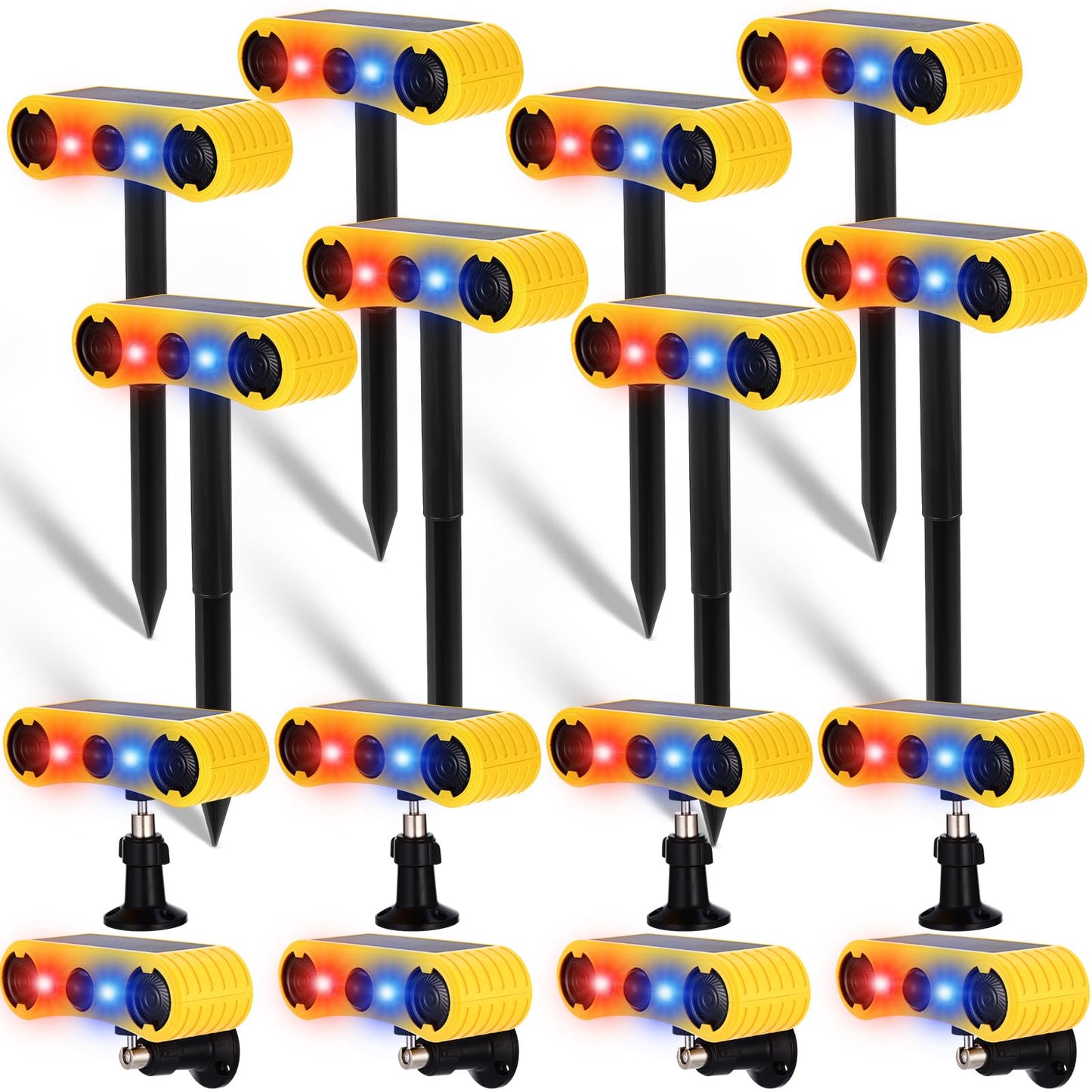 Qualirey 8 Pack Solar Outdoor Motion Sensor Alarm with Stake Animal Deterrent 2 x 129dB Loud Noisemaker 13 Sound Detector Strobe Light, 4 Mode Dog Barking Alarm Sensor on Ground or Fence