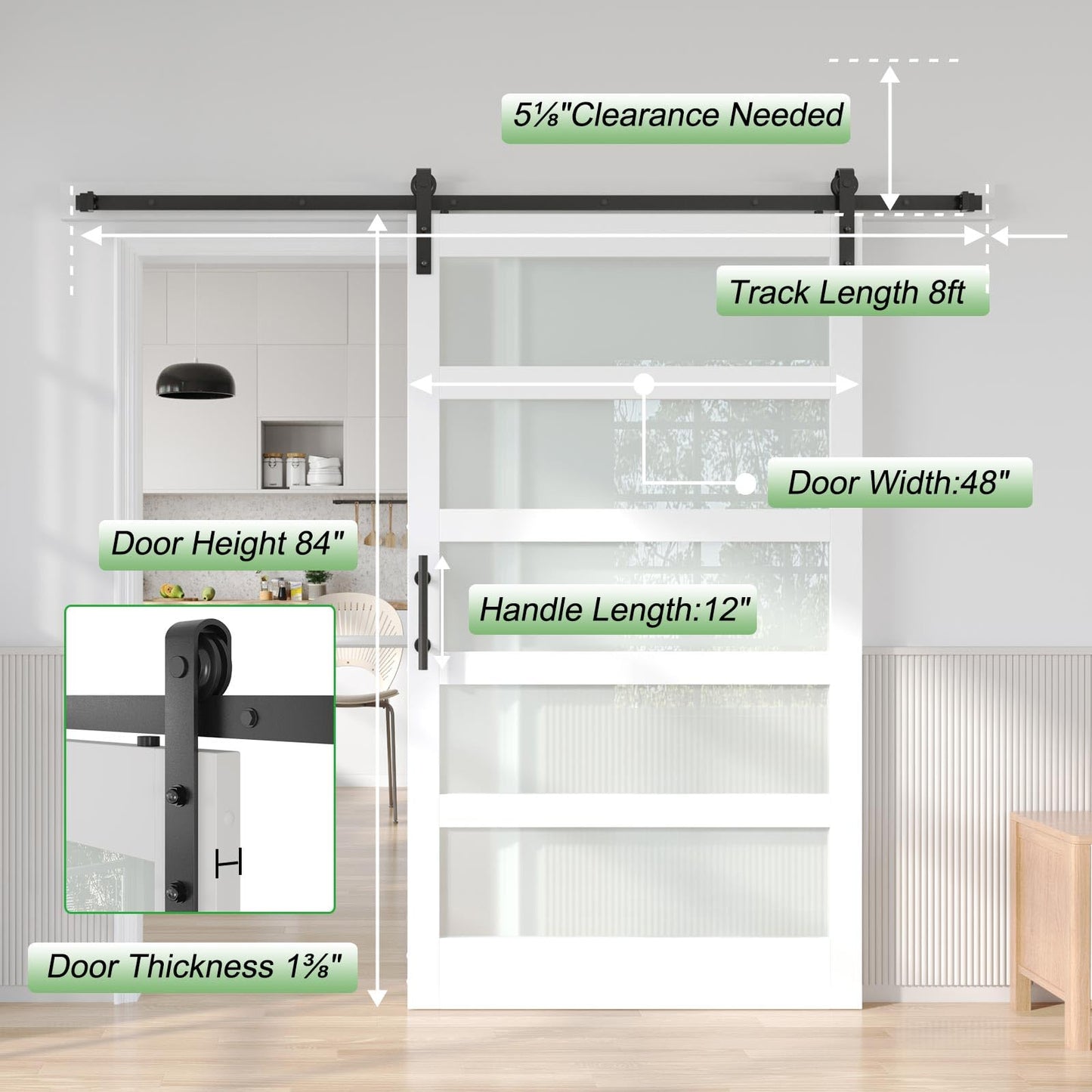 Fredbeck 48in x 84in White Glass Barn Door with 8FT 96inch Sliding Doors Hardware Kit Included & Handle,PVC Surface,Need to Assembly,Water-Proof
