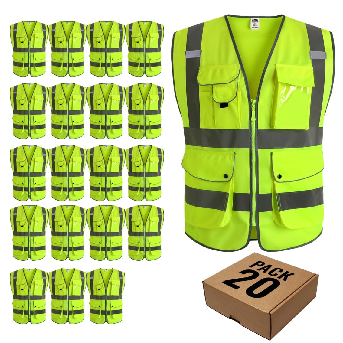JKSafety 20 Pack 9 Pockets Class 2 High Visibility Zipper Front Safety Vest With Reflective Strips,Meets ANSI/ISEA Standard (X-Large, 156-Yellow)