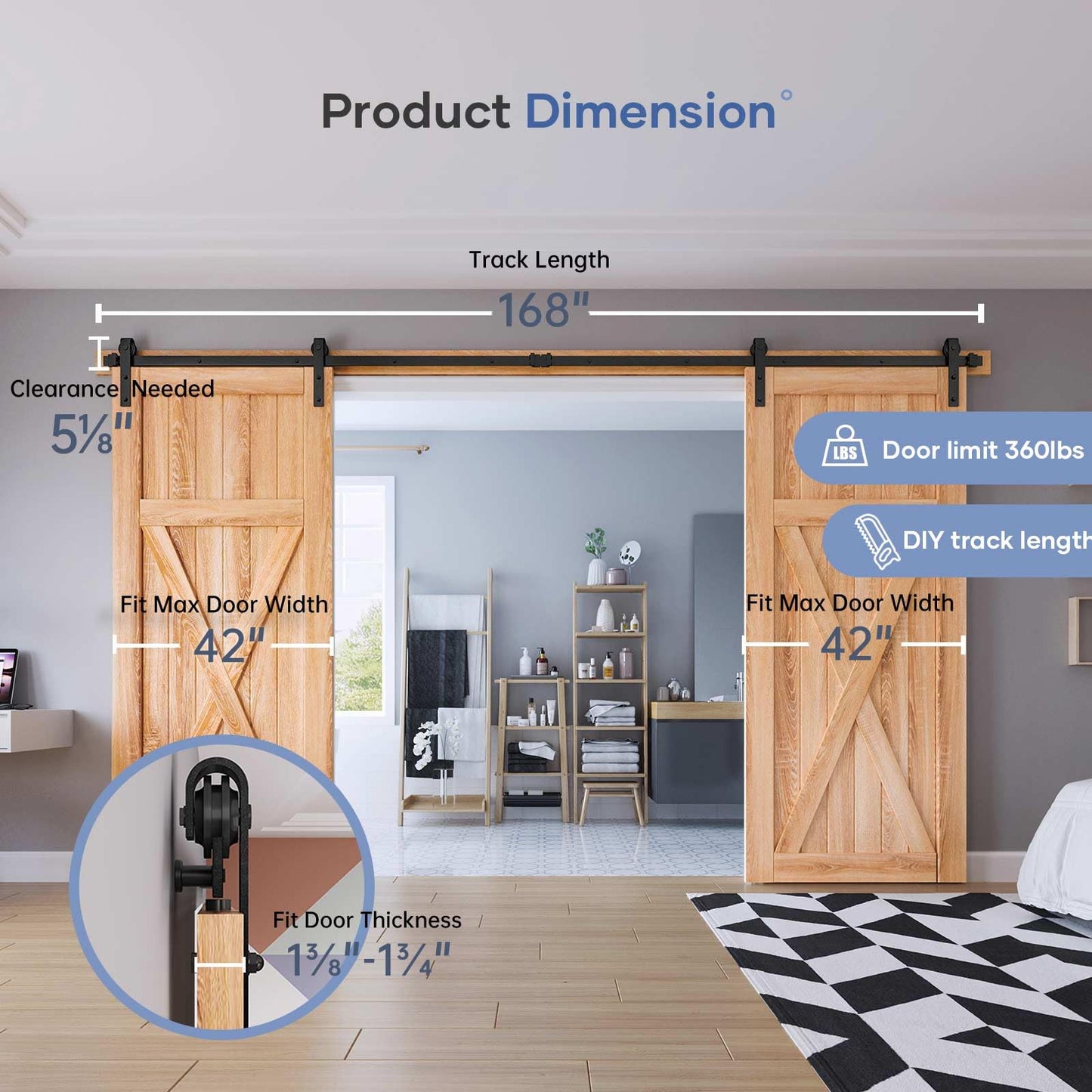 EaseLife 14 FT Double Door Sliding Barn Door Hardware Track Kit,Basic J Pulley,Heavy Duty,Slide Smoothly Quietly,Easy Install (14FT Track Kit for Double 42" Wide Door)