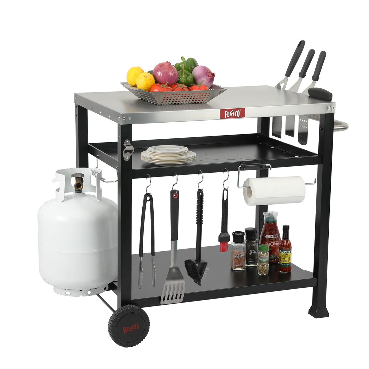 Feasto 3-Shelf Pizza Oven Table 33.5" x 21.7" Stainless Top, Rolling Outdoor Grill Cart with Waterproof Cover for Pizza Ovens & Griddles, Heavy-Duty BBQ Prep Station for Patio & Deck, Black