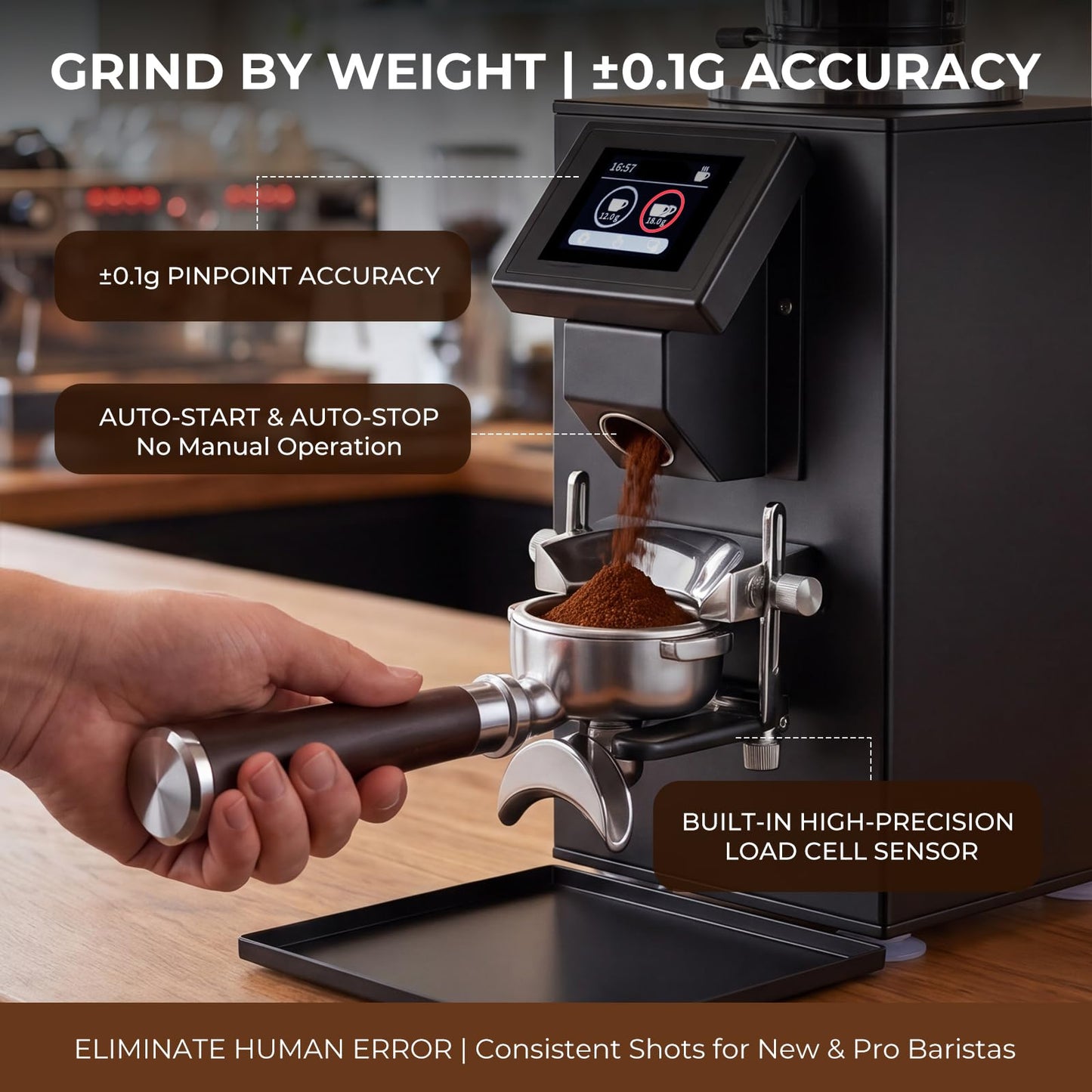Grind by Weight Espresso Grinder, Commercial Coffee Grinder by Weight with 64mm Flat Burr, Touch Screen, 14 Grind Settings for Cafe