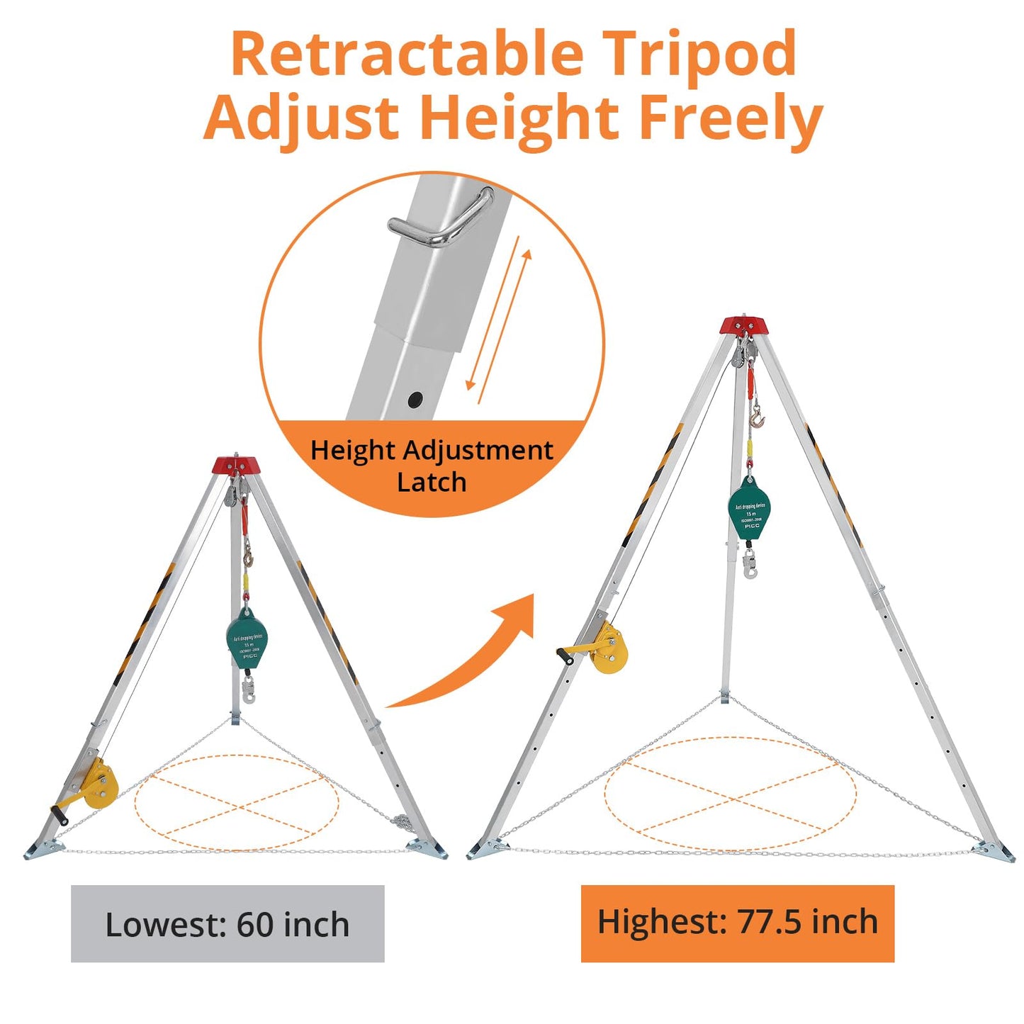 Confined Space Tripod Rescue System, 1200 LB Winch Space Tripod Kit with Self-Locking Safety, Adjustable Legs & 49 Ft Cable for Well, Sewer