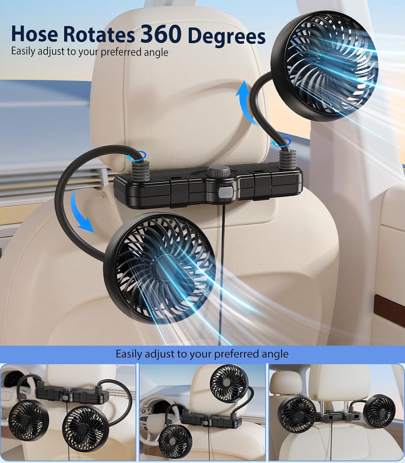 360 2 Dual Hose USB Fan for Car SUV RV Pickup Vehicle Headrest, Car Seat Fan for Baby Kids Rear Facing - Quiet Stepless