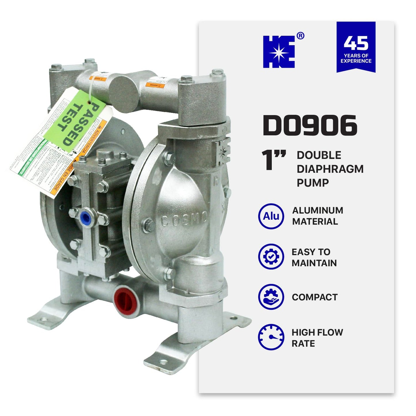 COSMOSTAR D0906 1" Double Air Diaphragm Pump - Aluminum Body, Teflon Ball, Seat and Diaphragm With Muffler - Chemical, Waste Oil, Pneumatic Oil Pump
