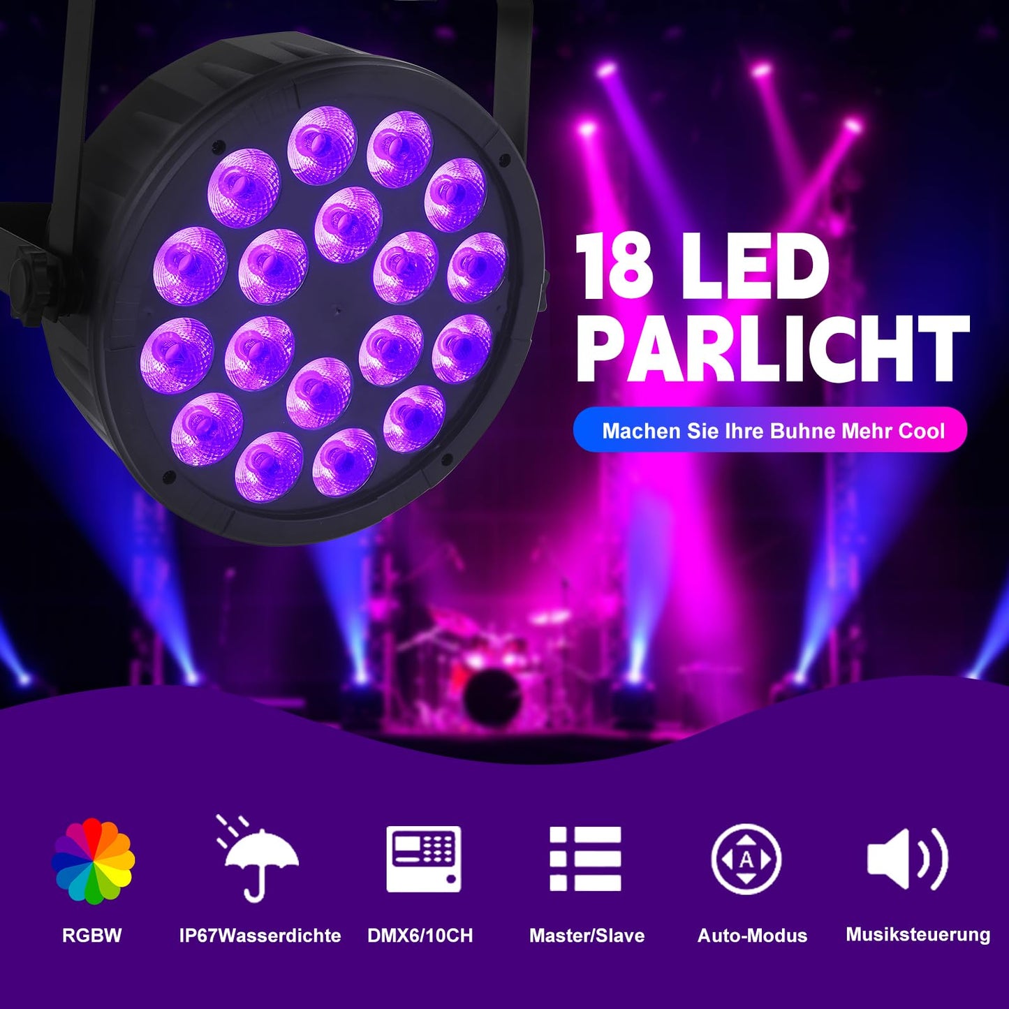 4 Pack 180W LED Stage Par Lights, RGBW 4-in-1 Par Can Light with DMX512 Sound Activated Controlled Stage Uplighting, DJ Lights for Parties Disco Shows Wedding Festival Events Church