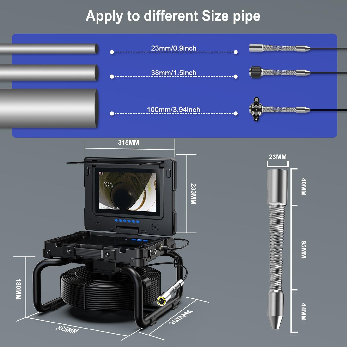ESANHAO Sewer Camera 100ft Drain Pipe Camera Plumbing Snake, 23mm HD, 12LEDs, DVR Recording, 9" AHD Screen for Plumber, Homeowners IP68 Waterproof, 32GB TF Card Included