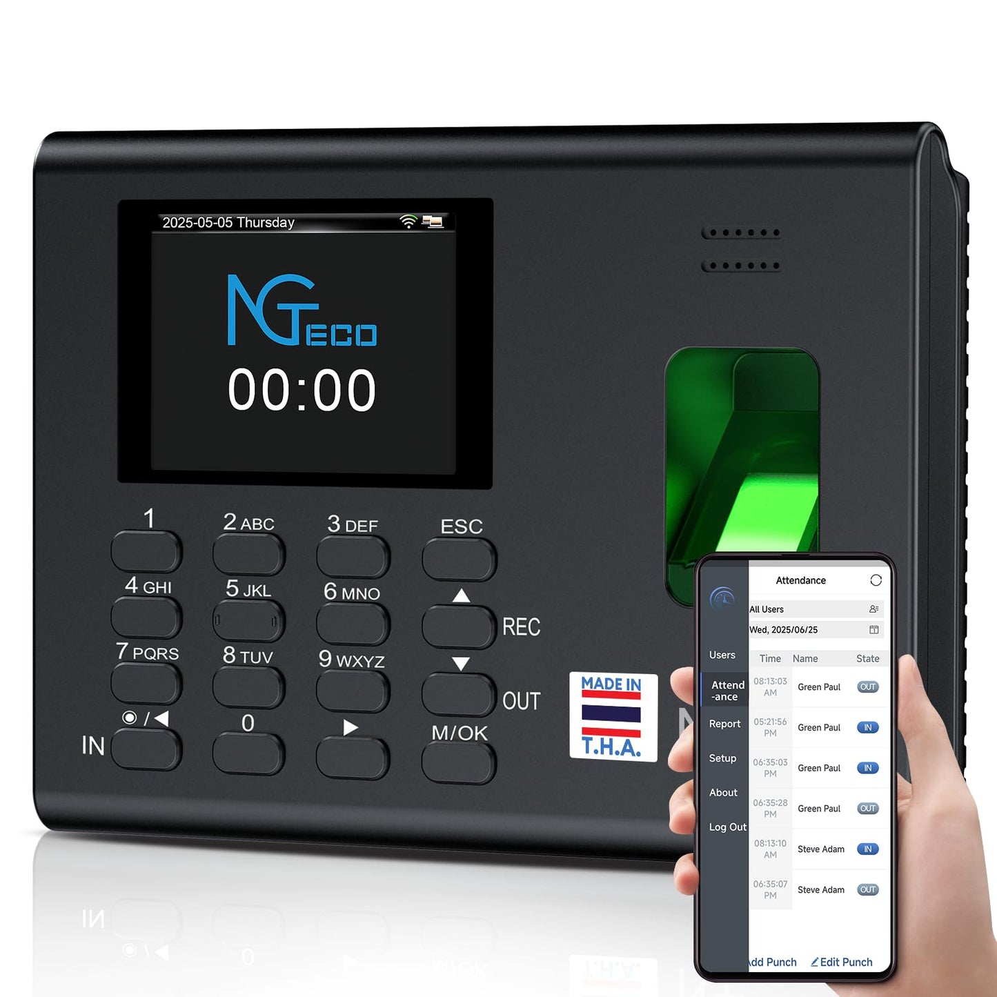 NGTeco APP-Based Time Clock for Employees Small Business, Automatic Fingerprint Clock in and Out Machine with 2000mAh Battery, 2.4GHz WiFi, iOS&Android, No Monthly Fee