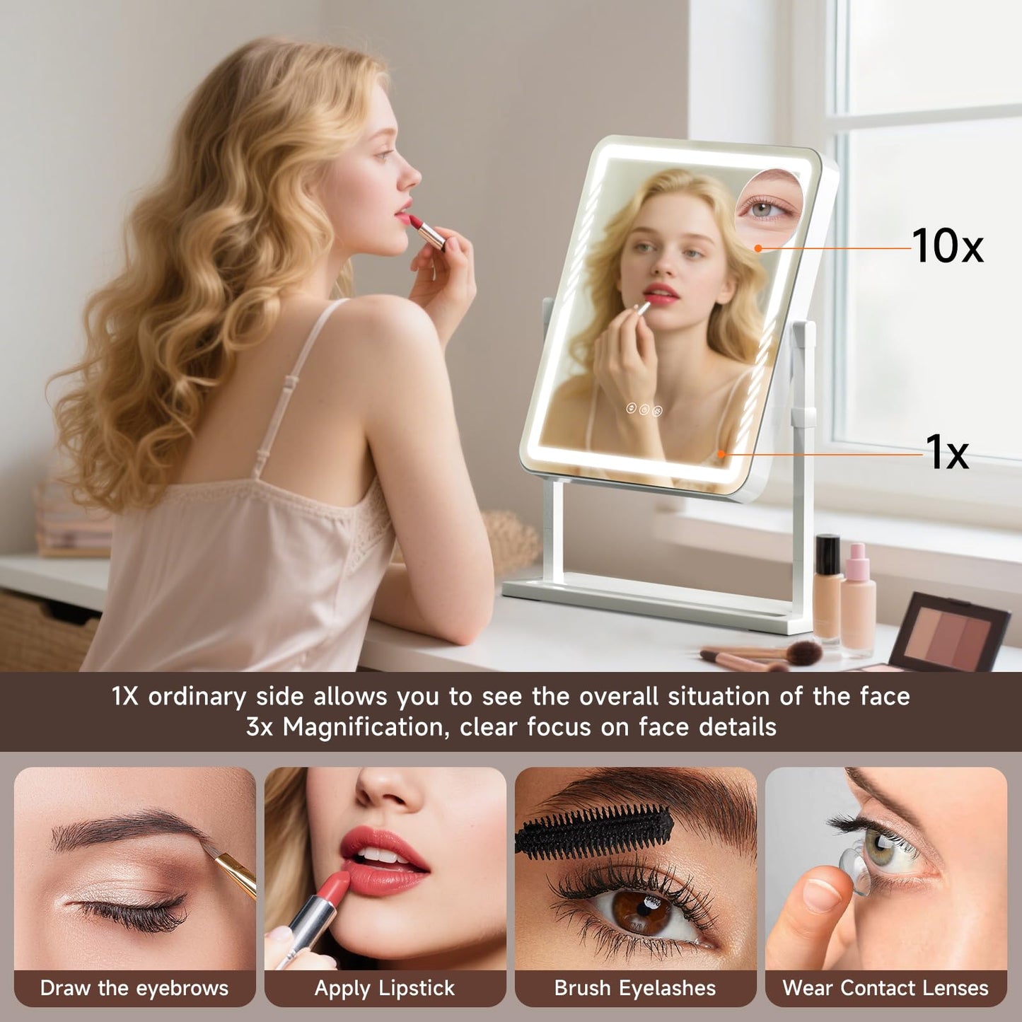 Kcavvi Makeup Mirror with Lights, Height-Adjustable & 360° Rotation, 1/10X Magnification, Three Color Lighting Modes, Vanity Mirror Smart Touch Control, Large Vanity Desk Mirror (17.5in,White)