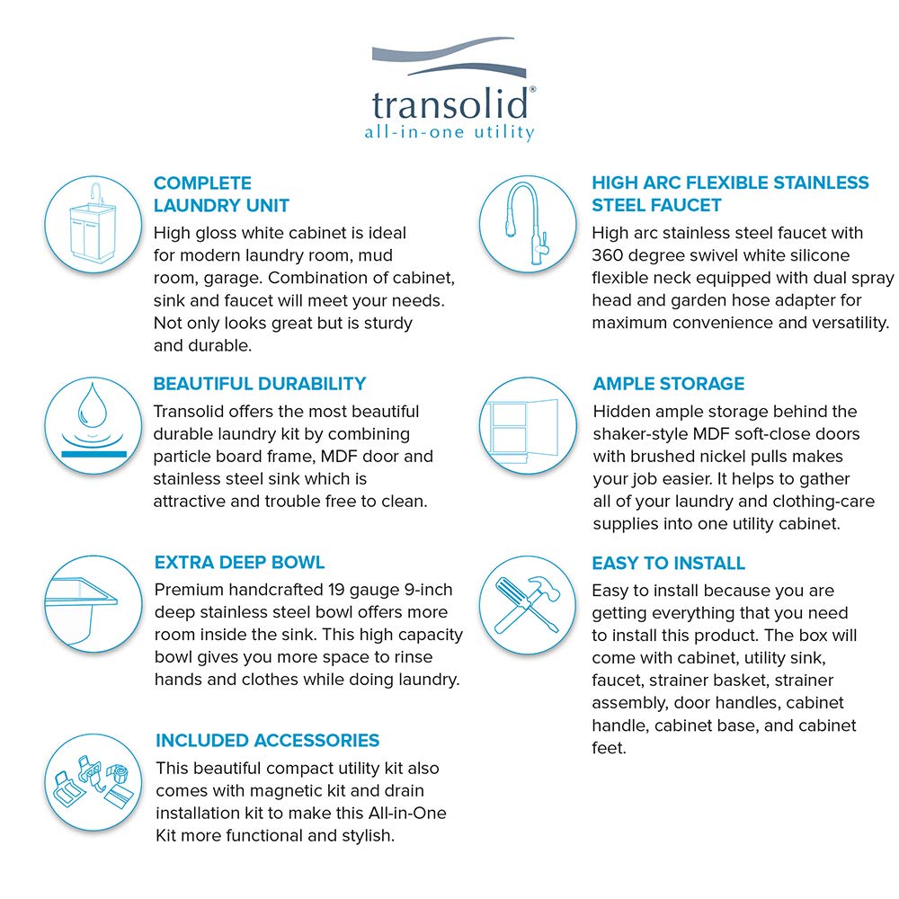 Transolid TCAB-2420-WSW 24-in All-in-One Laundry Cabinet Sink, Stainless Steel High Arc Faucet, and Basket in White