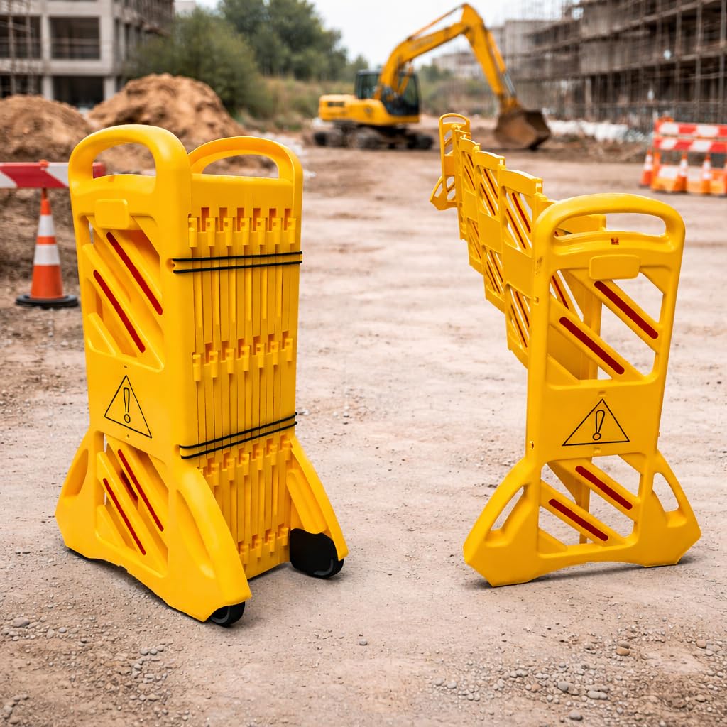Commercial Portable Safety Barrier, 13Ft Expandable Mobile Barricade, Heavy-Duty Weather Resistant Metal-Plastic Barrier for Construction Traffic Control Driveway Home Commercial Use