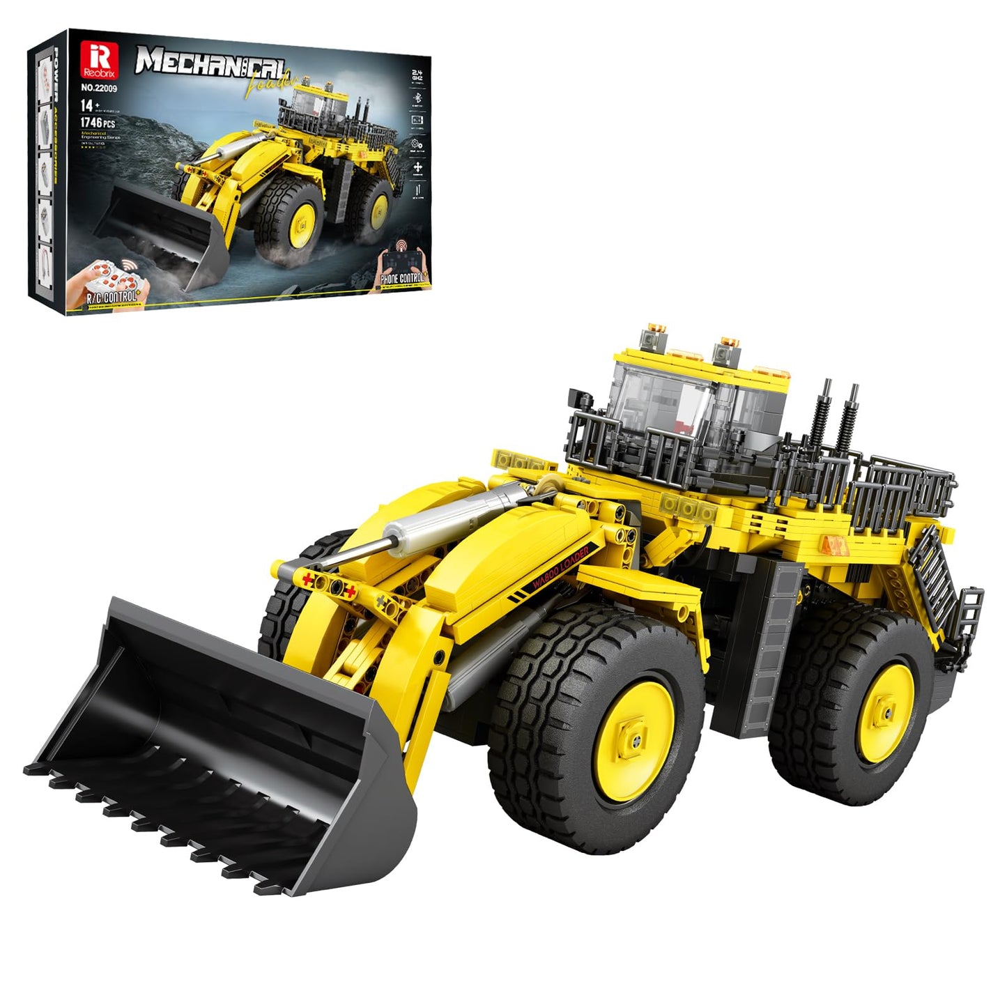 Reobrix Bulldozer Building Blocks Set for Adults with Lights 22009, RC Loader Building Toy, Remote Control City Construction Engineering Vehicle Mechanical Excavator Model Kit for Adult (1746PCS)