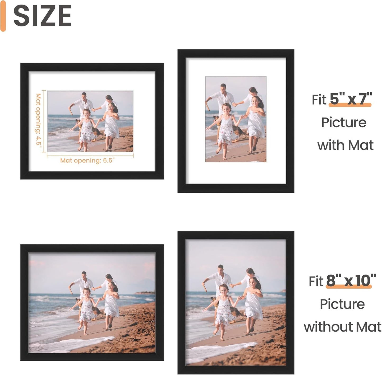 Upsimples 8x10 Picture Frame - Versatile Display for 5x7 Photos with Mat or 8x10 Without Mat - Black