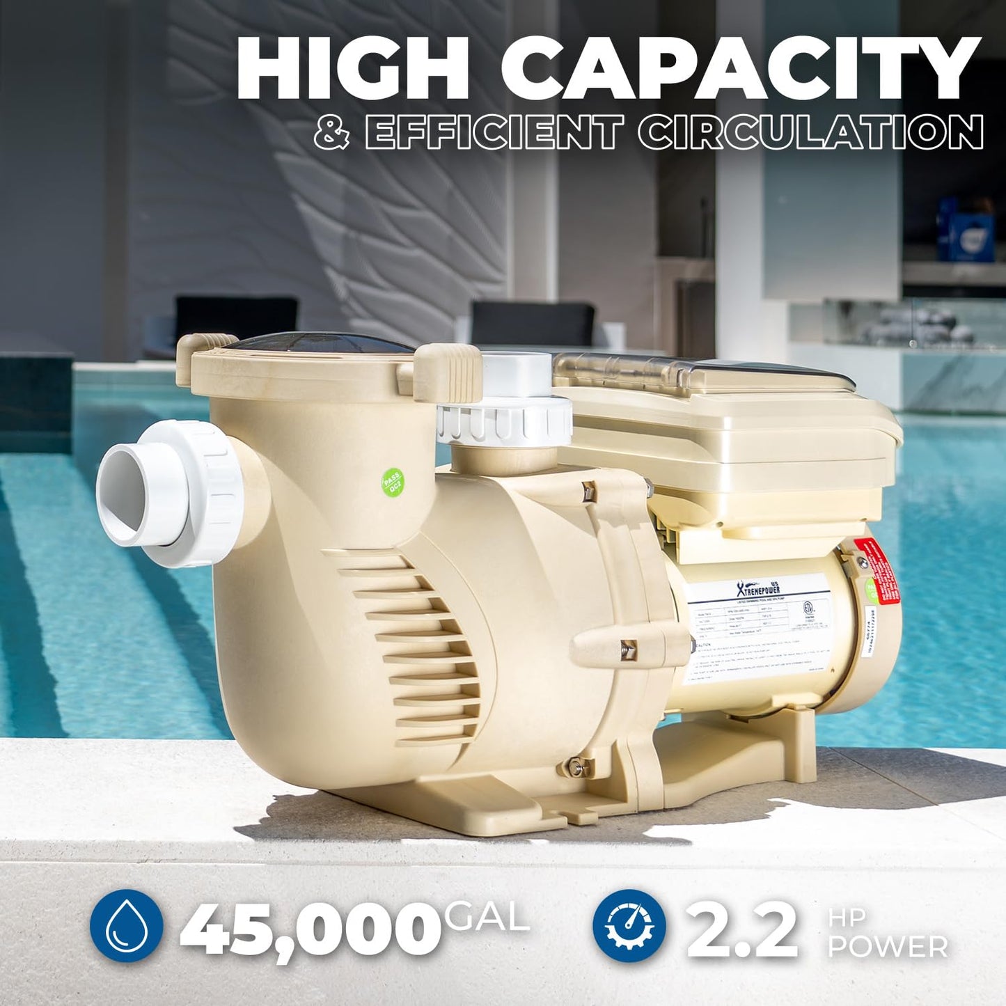 XtremepowerUS 2HP SuperFlow Variable Speed Swimming Pool Pump 230V, InGround 7,860 GPH 1.5" 2" Fitting Adapter, Self Priming Compatible EC-342001 Max 2.2HP
