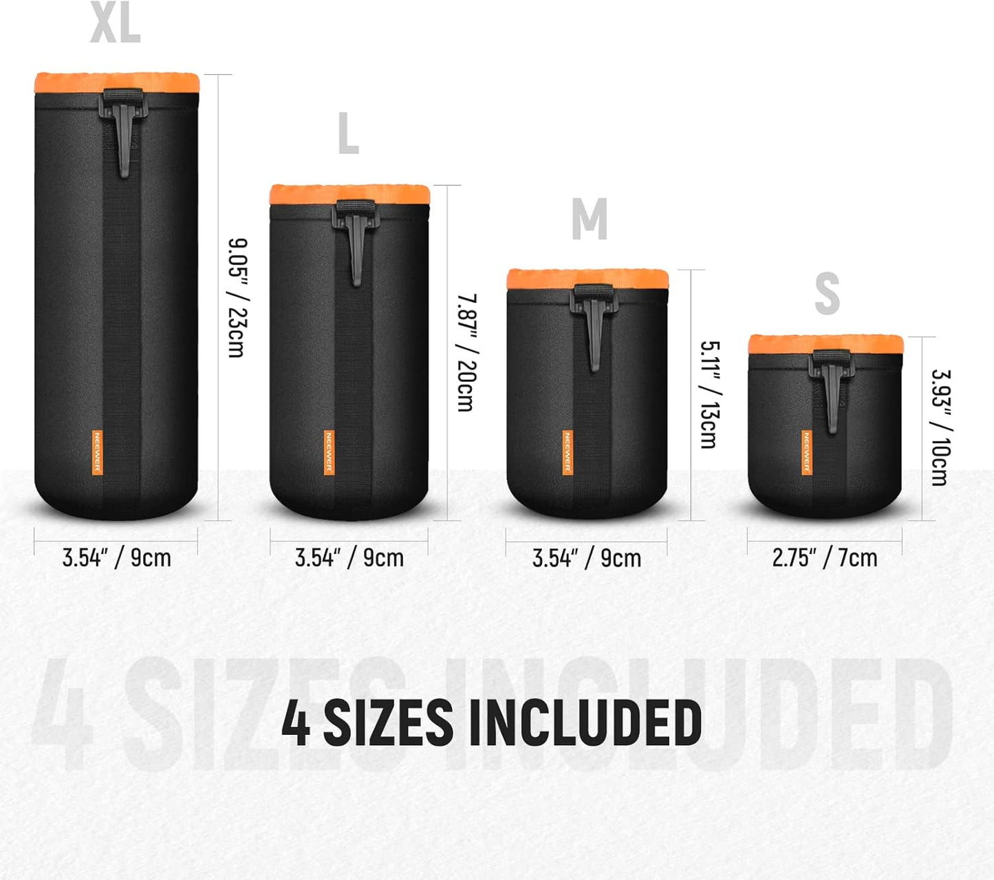 (4 Packs, 4 NEEWER Camera Lens Pouch Sizes) Thick Protective Bag with Drawstring Design, Orange Interior, Soft Plush