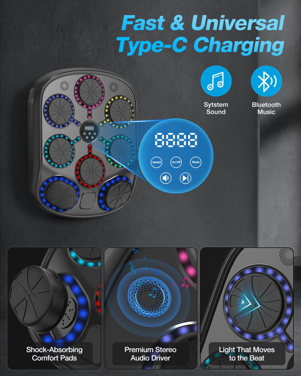 Turquvix Music Boxing Machine for Adults and Kids, Smart Bluetooth Wall Mounted Punching Target with LED Feedback & Boxing Gloves, Home Gym Electronic Punching Bag for Indoor Workouts