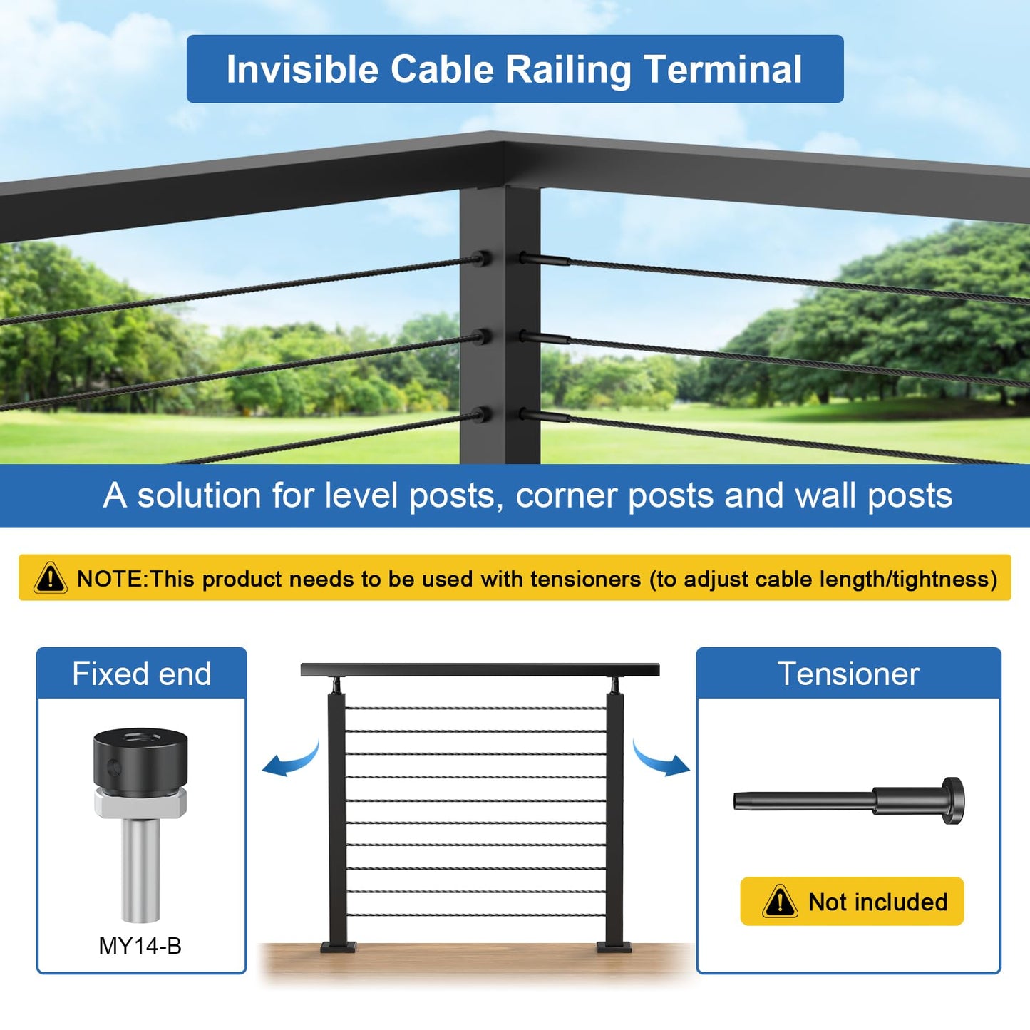 PLANTOP 36" Side Mount Cable Railing Post Kit, Included 2 Pack Level Drilled Fascia Mount Posts, 1/8" Invisible Cable Railing Anchor Terminal, Stainless Steel Handrail Deck Corner Post for Indoor Out