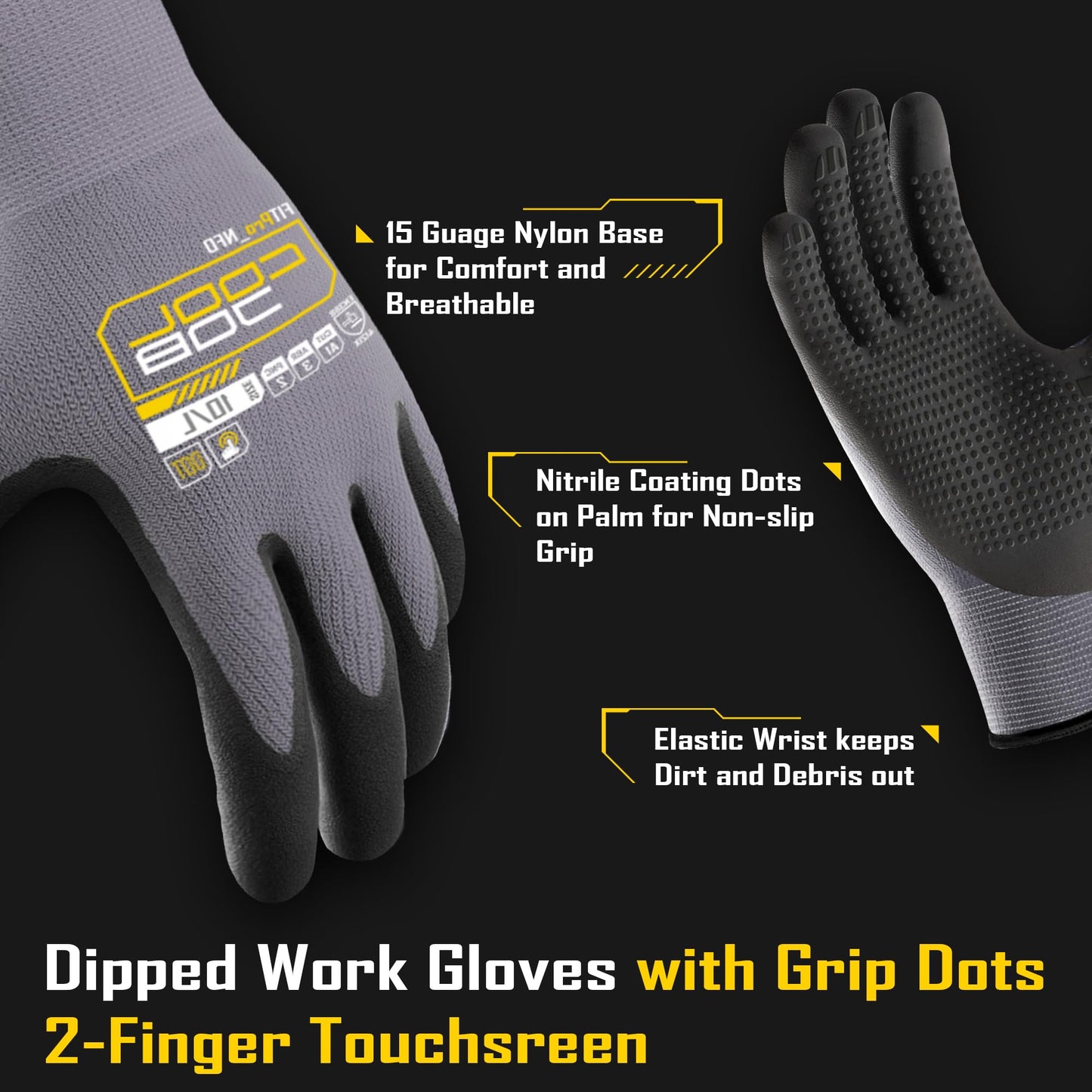 COOLJOB 36 Pairs Dotted Nitrile Rubber Coated Gloves Touchscreen Small & 1 Pair Gel Construction Knee Pads