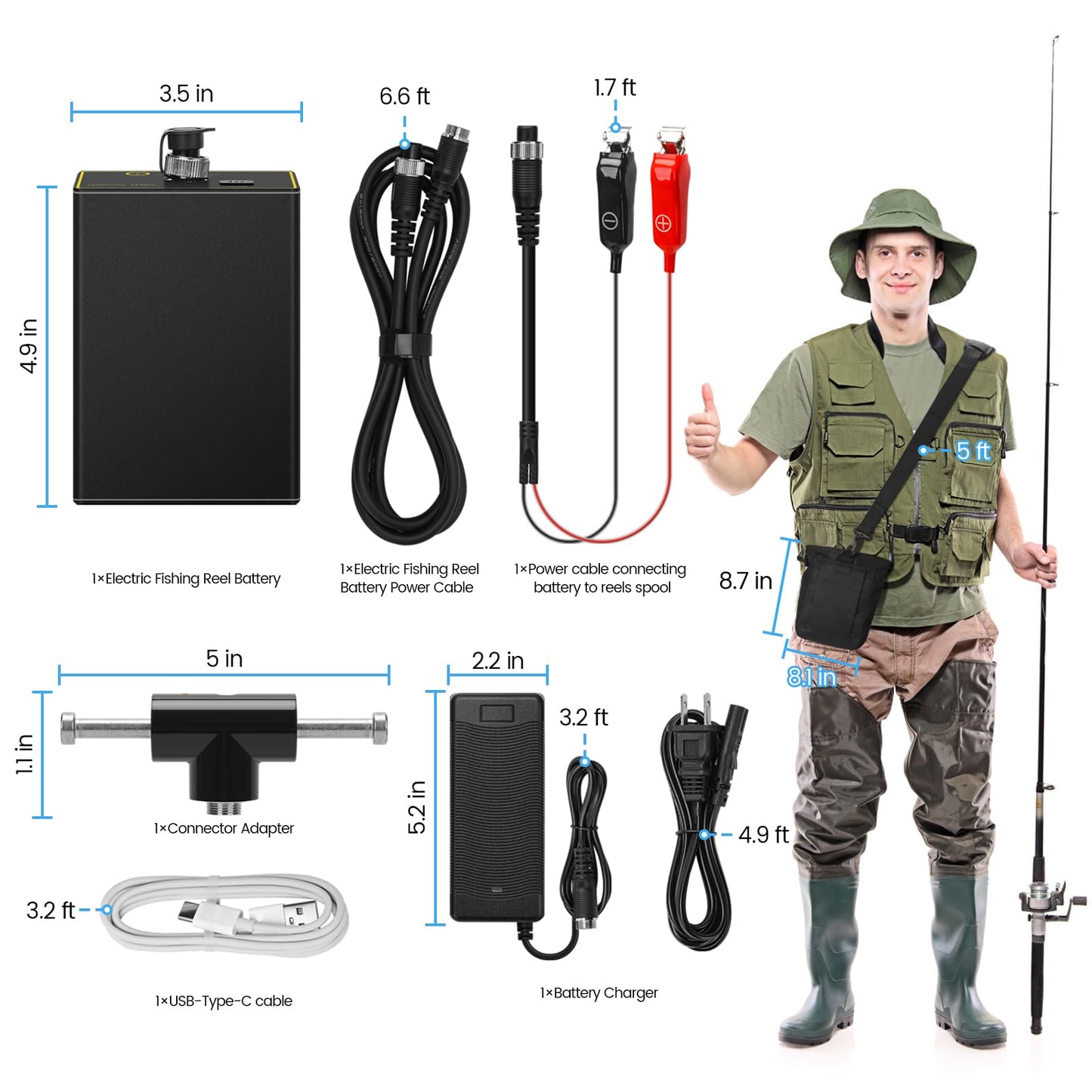 10000mAh Electric Fishing Reel Battery Charger Pack Compatible with Daiwa Tanacom 1200 1000 Seaborg 800MJ Shimano Beastmaster Forcemaster Plemio Plays with 3 Power Cord Cable & Crossbody Storage Bag