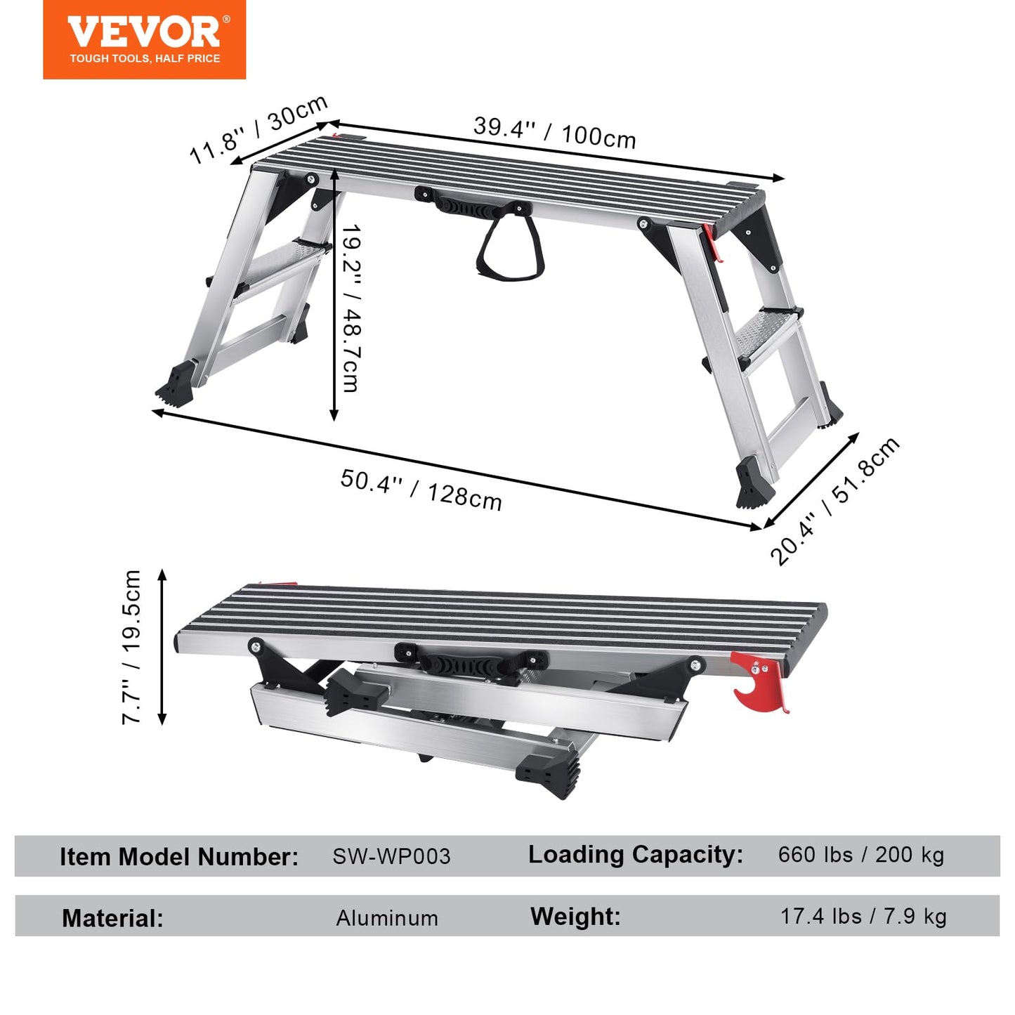 VEVOR Folding Work Platform, 40"×12"×20" Aluminum Drywall Stool Ladder, 660 lbs Load Capacity Heavy Duty Work Bench w/Non-Slip Feet, Ideal for Washing Vehicles, Cleaning, Painting, Decorating