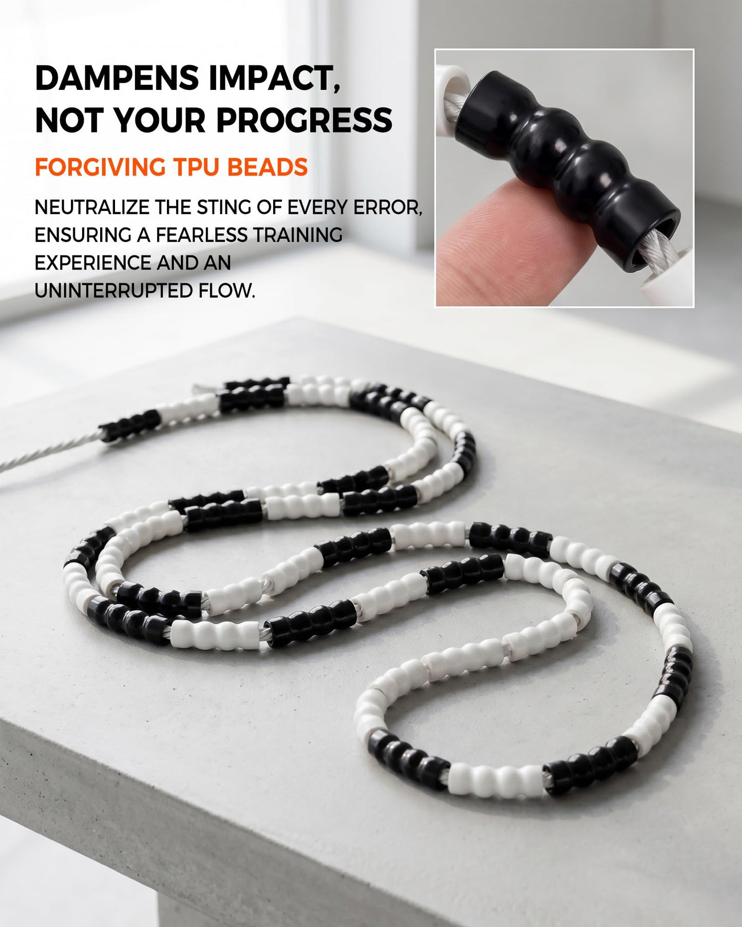 YUEDONG Soft Beaded Jump Rope - World Champion Luke Boon Recommended, Adjustable Tangle-Free, Pain-Free TPU Beads & Anti-Slip Long Handles, Fitness Workout for Adults Kids with Carry Bag(BLACK)
