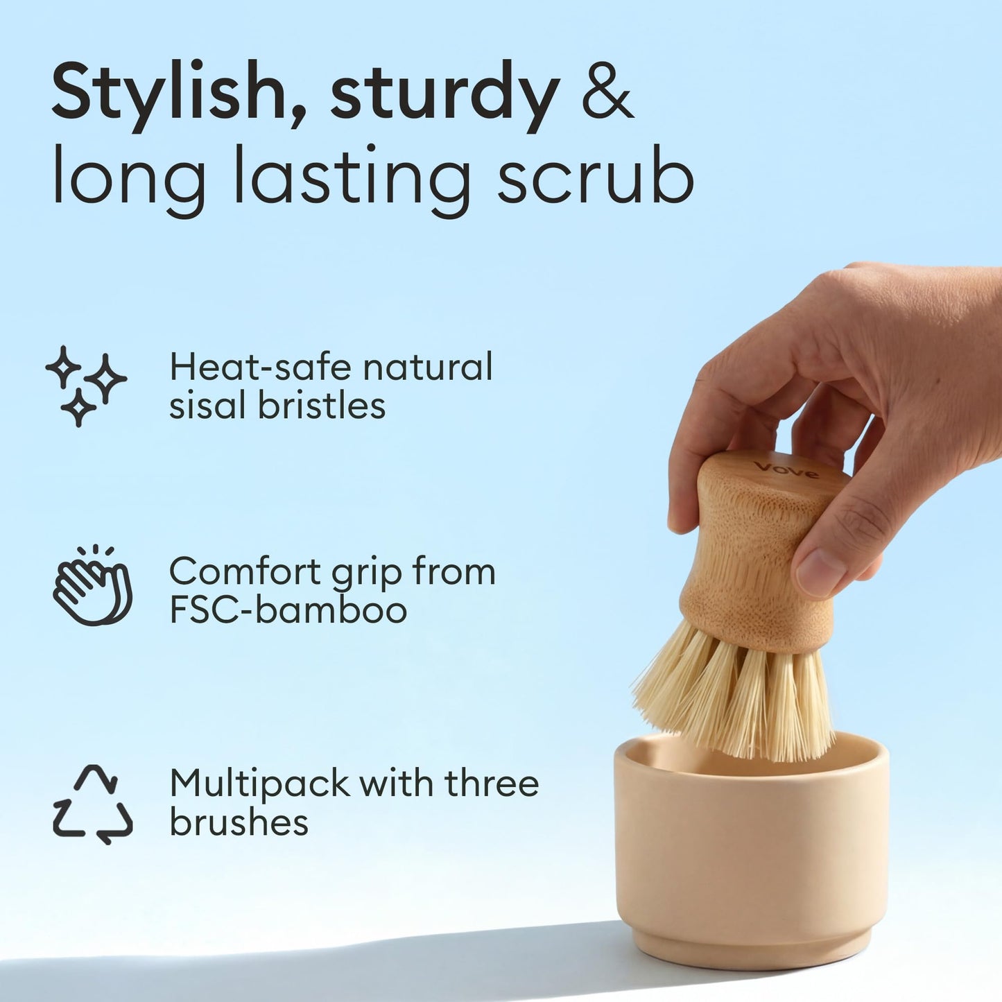 Vove Cleaning Essentials Set – Bamboo Dish Brush with Replacement Head, 2 Scrub Brushes, 2 Scrub Sponges – FSC Certified, Plastic-Free, Natural Bristles & Loofah – Eco-Friendly Kitchen Cleaning Kit