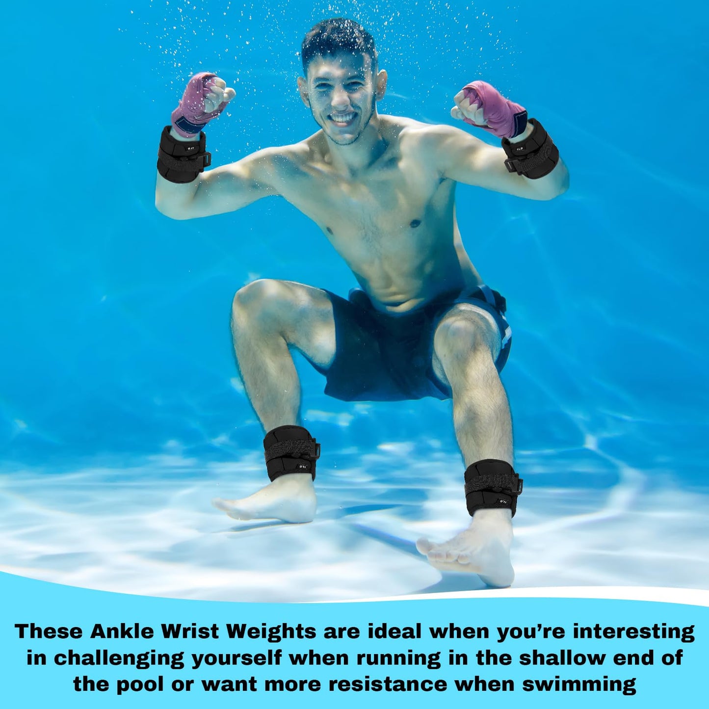 Hollowfly 2 Pairs Ankle Wrist Weights for Land or Aquatic Exercise Aqua Cuffs Aqua Aerobics Fitness Bands for Ankle and Wrist Adjustable Weights for Swimming Pool Workout Equipment(Black,1lb)