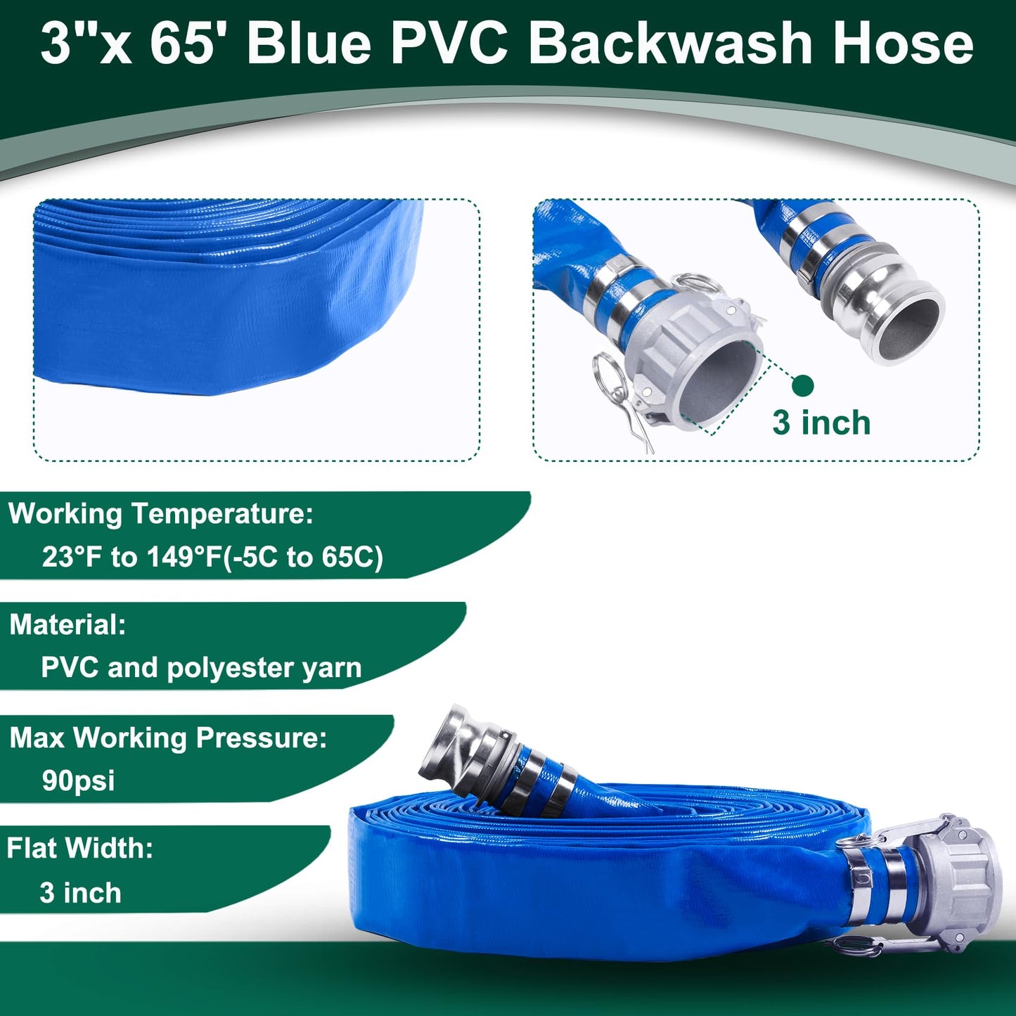 3 Inch Discharge Hose Pump Kit Includes 3" x 65' Blue PVC Lay-Flat Backwash Hose & 3" x 20' Green PVC Suction Hose & Steel Round Hole Suction Strainer & Cam and Groove Adapter, water/trash pump