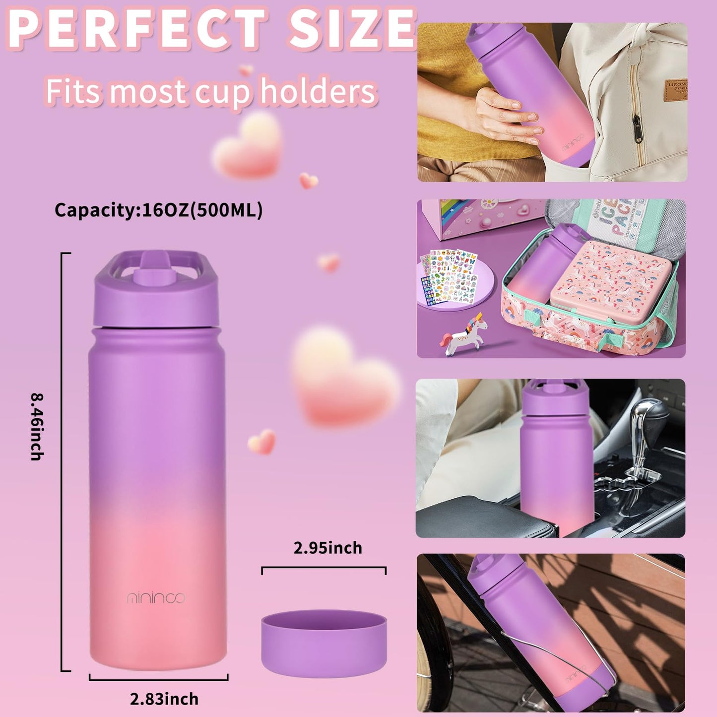 mininoo Kids Water Bottle for School, 16oz Stainless Steel Insulated Water Bottle Kids with Straw Lid for Girls, Boys (Purple/Pink)