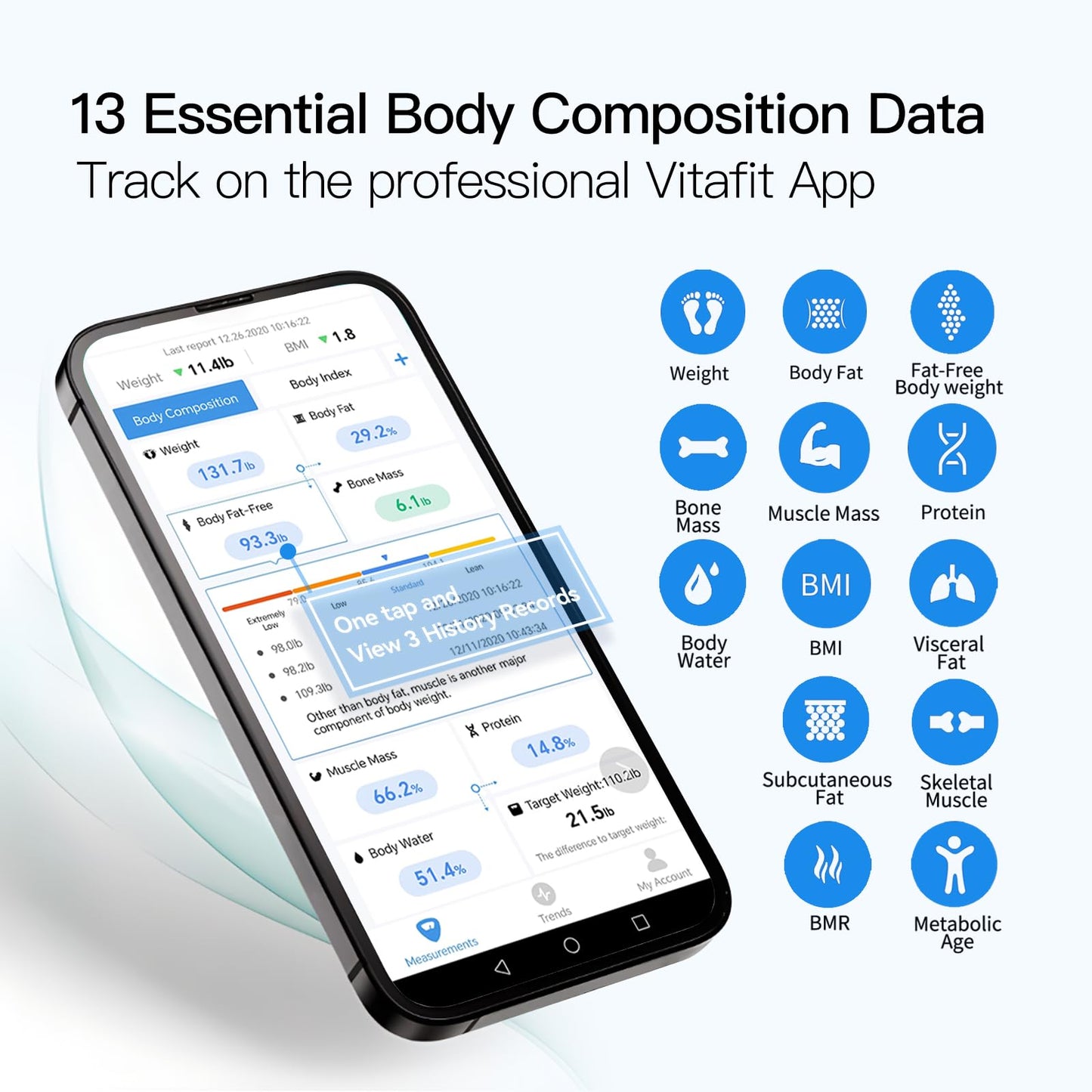 Vitafit Smart Bathroom Scale for Body Weight, Weight Scale Professional Factory Since 2001, App Sync 13 Body Composition Analyzer BMI, Body Fat and Muscle, 400lb, LED, Black