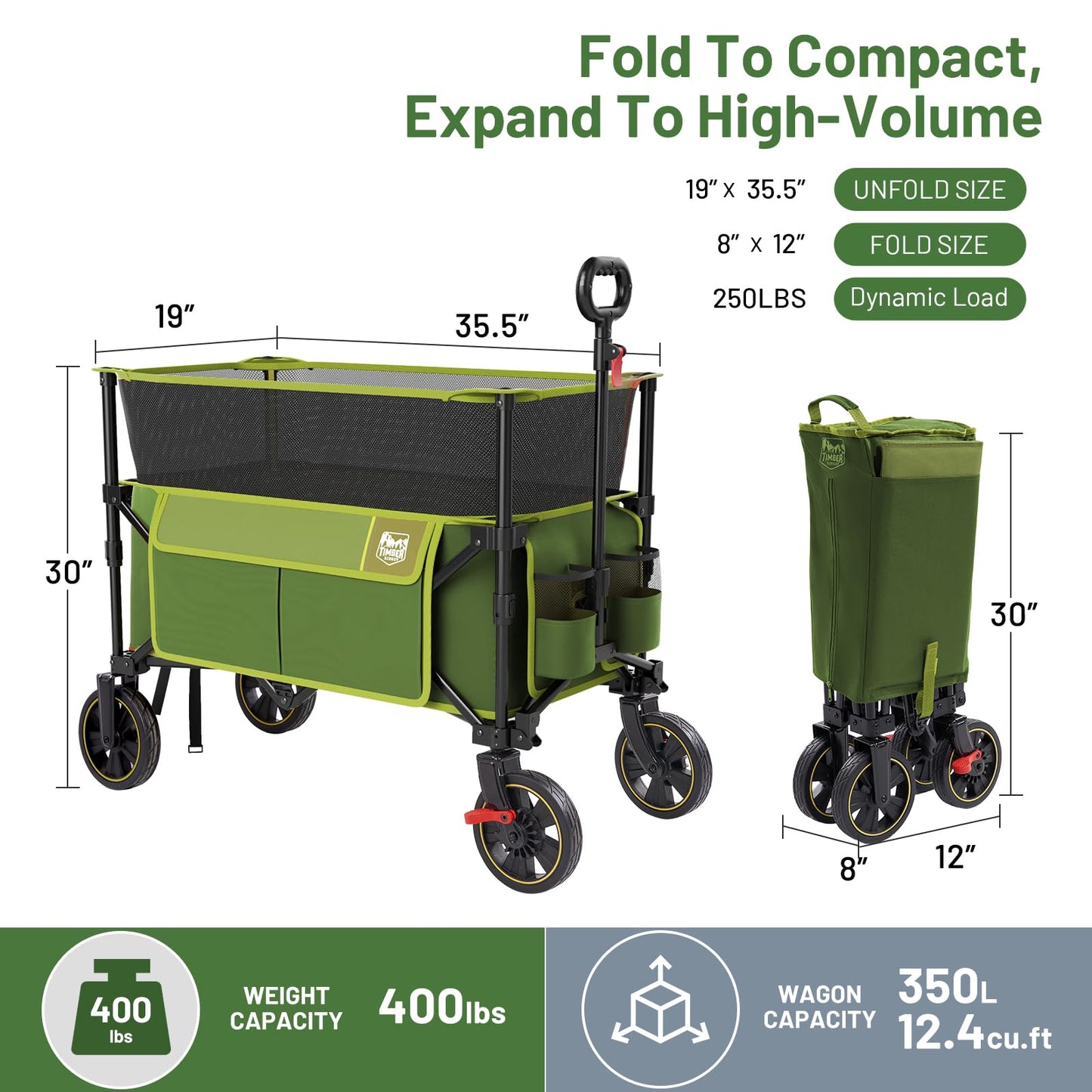 Timber Ridge Collapsible Folding Wagon 350L Extra Large with Brake, Heavy Duty Camping Utility Cart Outdoor, Extended Height Adjustable Handle, Cup Holders, Side Bag, Green