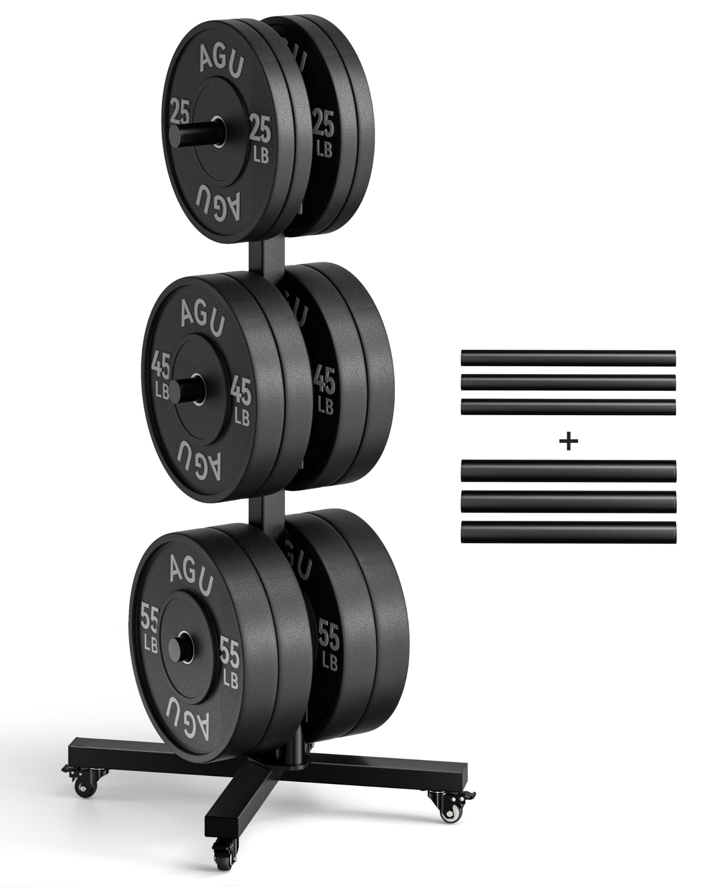Movable Olympic Weight Plate Tree with 6 Metal Pegs, Fits 1" & 2" Weight Plates, Heavy Duty Storage Rack with Barbell Holders for Home & Garage Gym