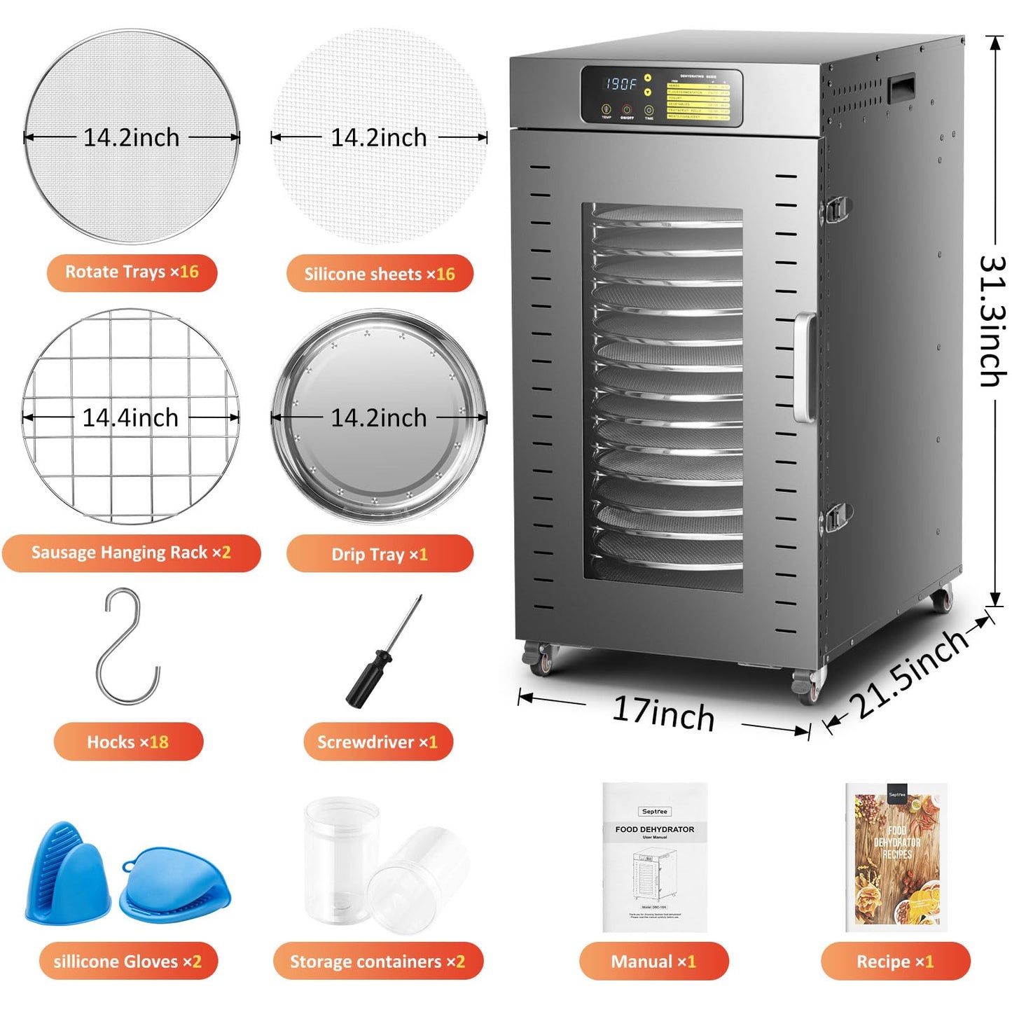 Septree 360 Rotating Dehydrator 16 Trays, Commercial Large Capacity Auto-Rotate Food Dryer Machine with Timer, for Beef Jerky Herbs Dog Treats, 1500W Fast Drying Industrial Dehydrater Stainless Steel