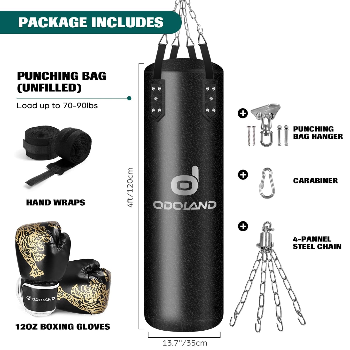 Odoland Punching Bag Set for Adults, 4FT PU Heavy Boxing Bag with 12OZ Boxing Gloves, Hand Wraps, Hanging Chains for MMA Karate Kickboxing Martial Art Home Gym Trainging - Unfilled
