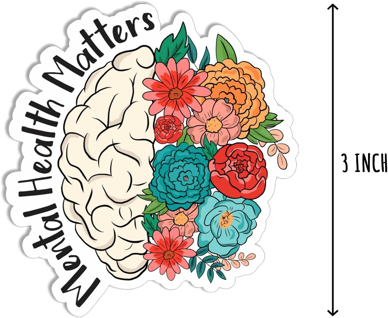 AKLDGifts 3Pcs - Mental Health Matters Sticker - Floral Brain Sticker - Healthcare Notebook Water Bottle Tumbler Laptop