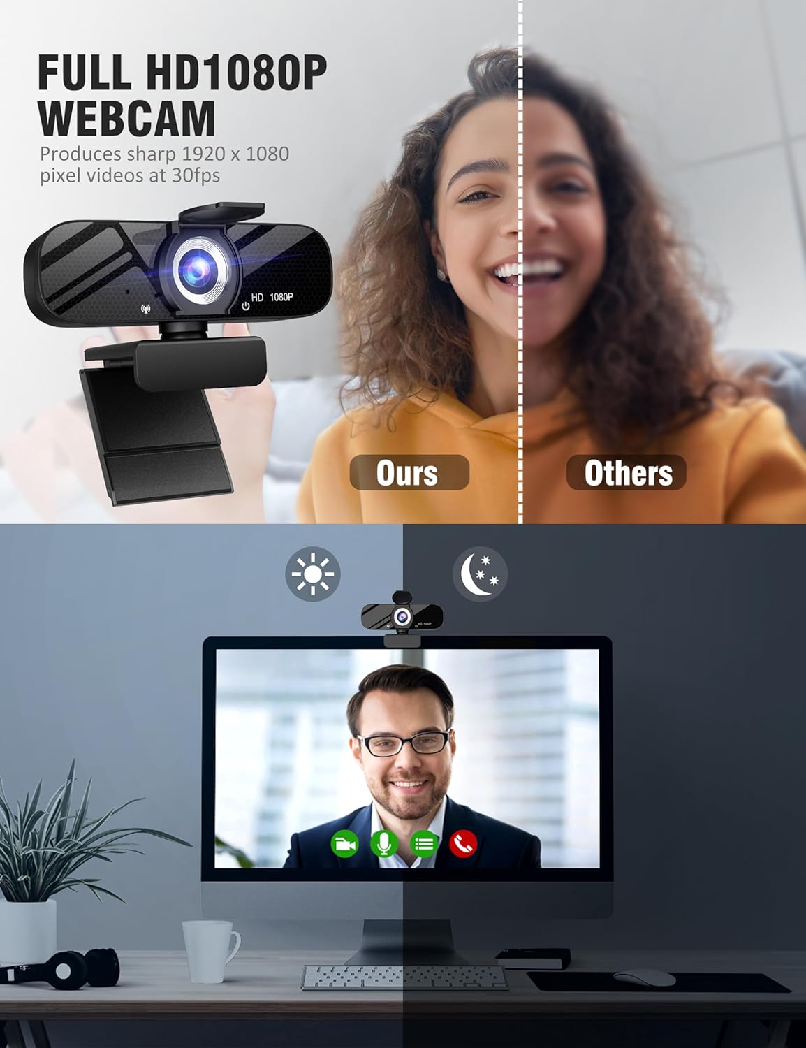 Tewiky 1080P Full HD Webcam with Built-in Microphone and Rotatable Tripod, Video and Wide Angle Camera, Privacy Cover