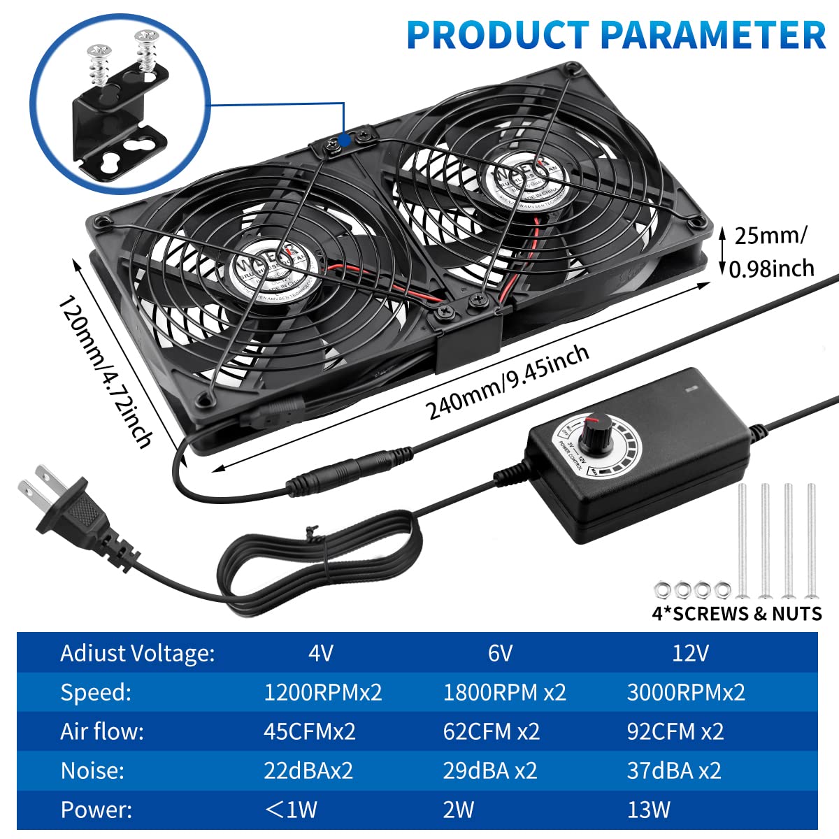 2 120mm 110V-240V Server Cooling x Big Airflow Computer Fan with AC Variable Speed Controller for Chassis PC Cabinets