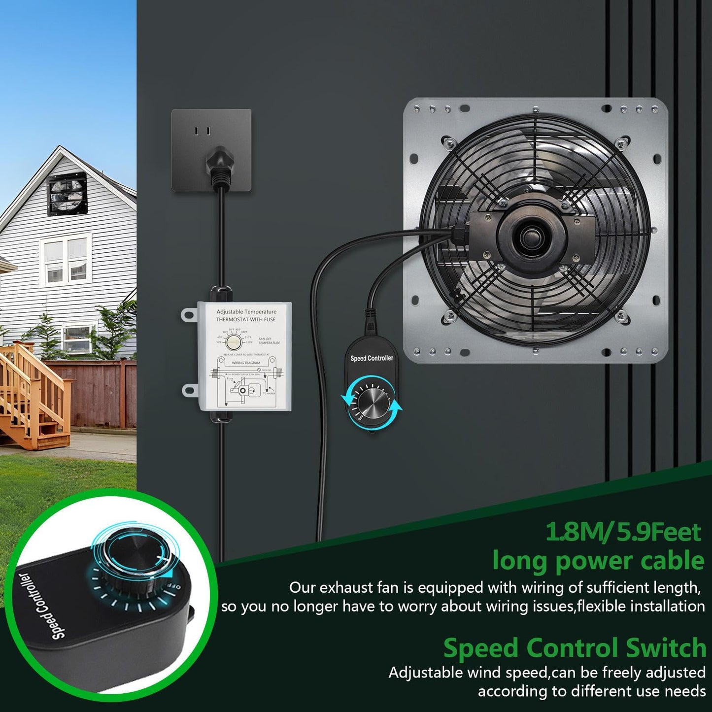Aibabcue Shutter Exhaust Fan with Thermostat & Speed Control, 1030 CFM,1688RPM, Upgrade 12 inch Wall Mount Attic Vent Fan for Chicken Coops, Greenhouse, Gable, Barn, Garage, Shed Ventilator