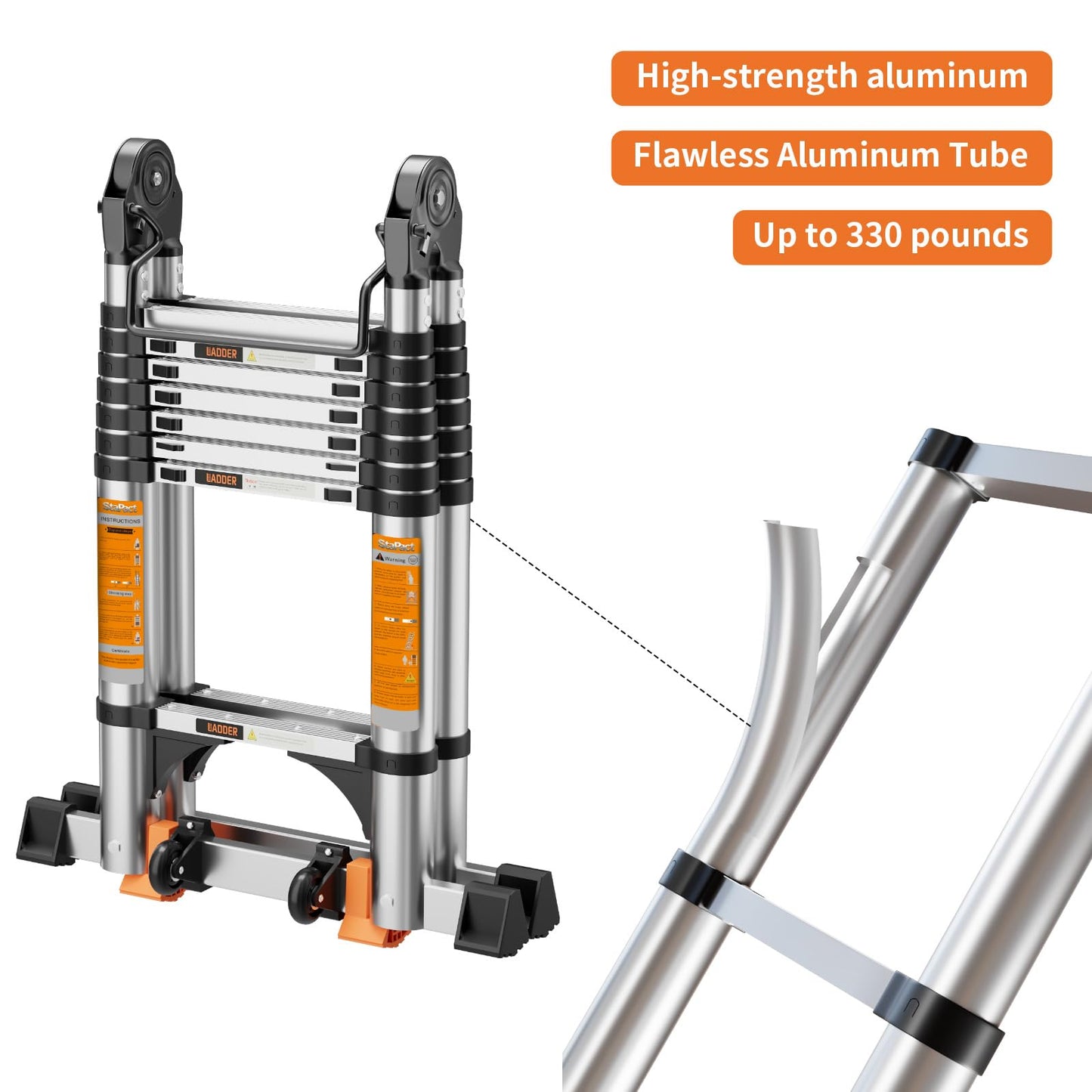 Telescoping Ladder A Frame,Telescopic Ladder for Home, Roof, RV，12.5 Ft Aluminum Extension Ladder with Balance Bar,Wheels and 2 Triangle Stabilizers，330 lb Capacity (12.5FT-A Frame PRO)