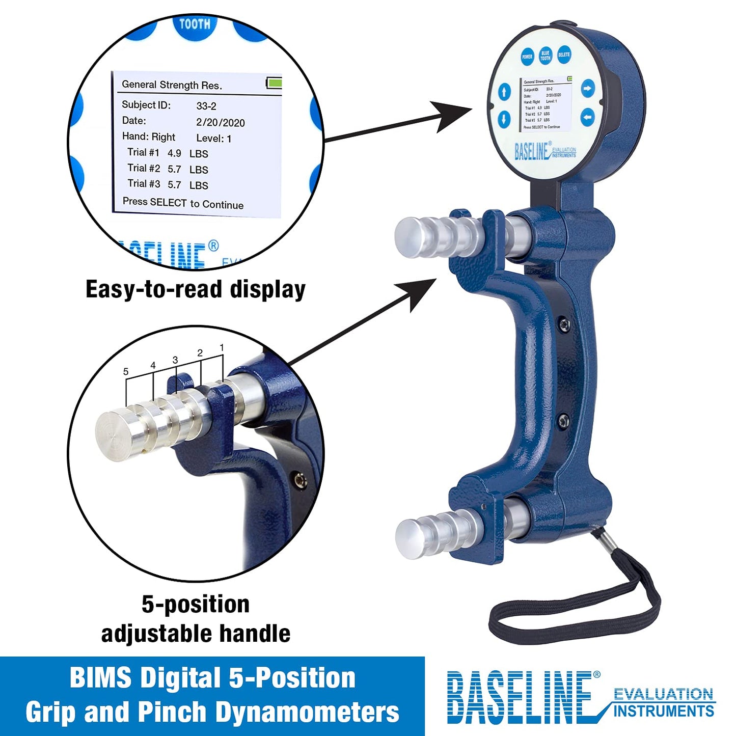 Baseline BIMS Digital 5-Position Hand Dynamometer for Grip Strength Testing and Evaluation