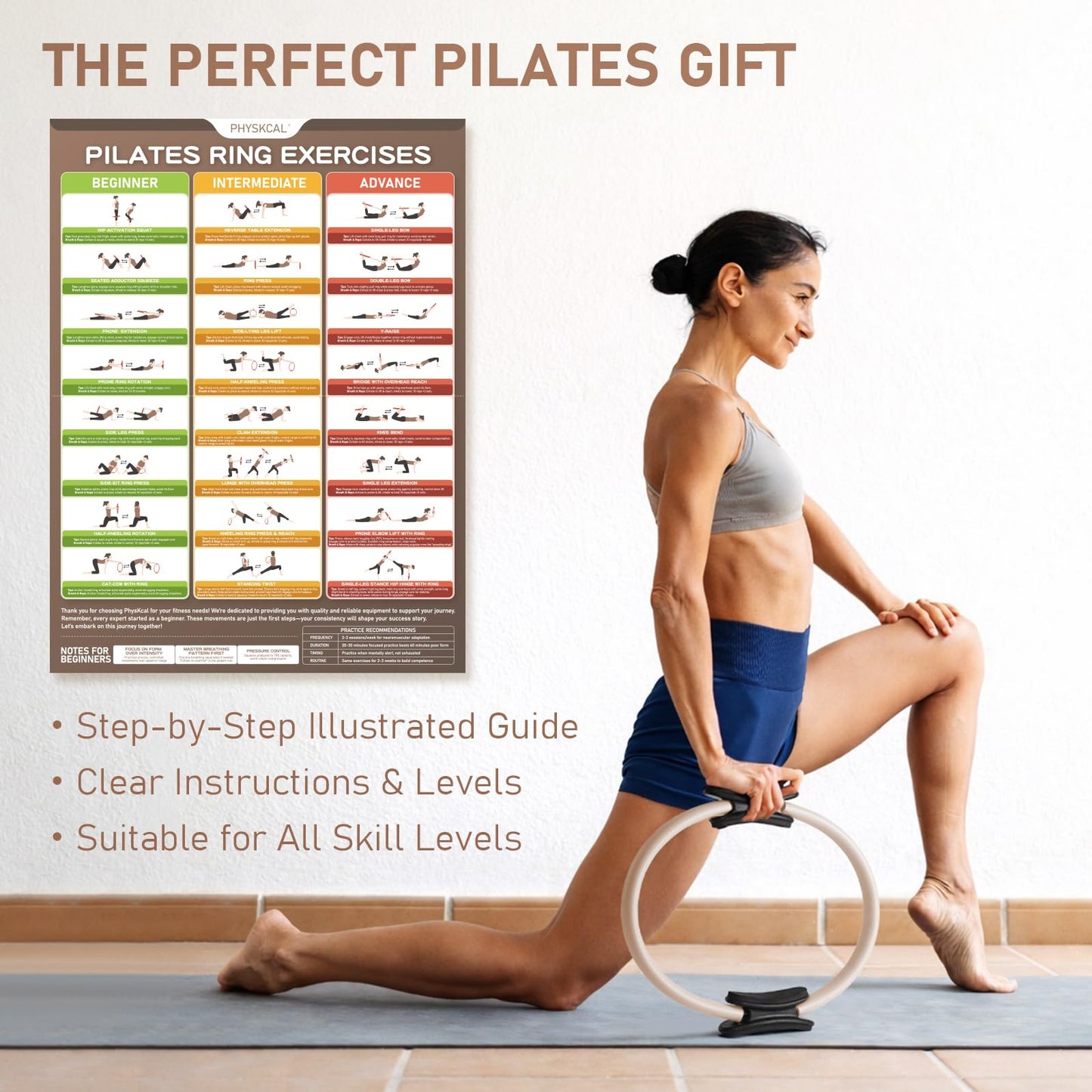 PhysKcal Pilates Ring, 15-Inch Magic Circle with Extra Thick Padded Handles, Pilates Equipment for Toning Inner Thighs, Arms and Strengthening Cores- Workout Guide Included (Nude)