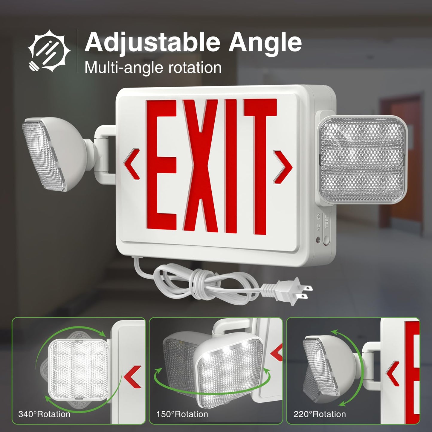 FREELICHT 2 Pack Red Exit Signs with Emergency Lights, 4FT Plug in Cord, Exit Sign with Battery Backup Lights for Business, Two LED Adjustable Head Emergency Exit Light, AC 120V