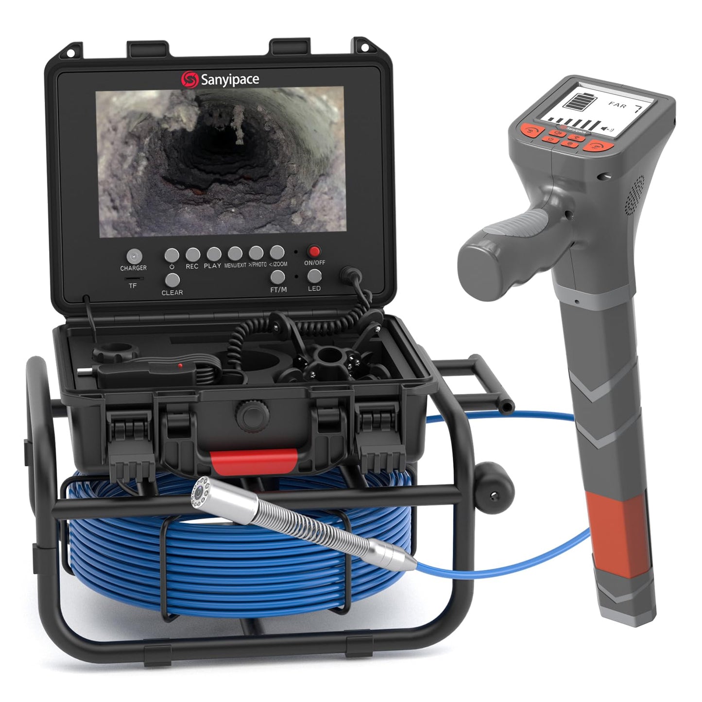 Sanyipace Drain Camera with Locator, Self-Leveling Sewer Camera with 512Hz Transmitter, Distance Counter, 5X Zoom, 4500mAh Battery, 165FT/50M Waterproof Pipe Camera for Plumbing Duct Home Inspection